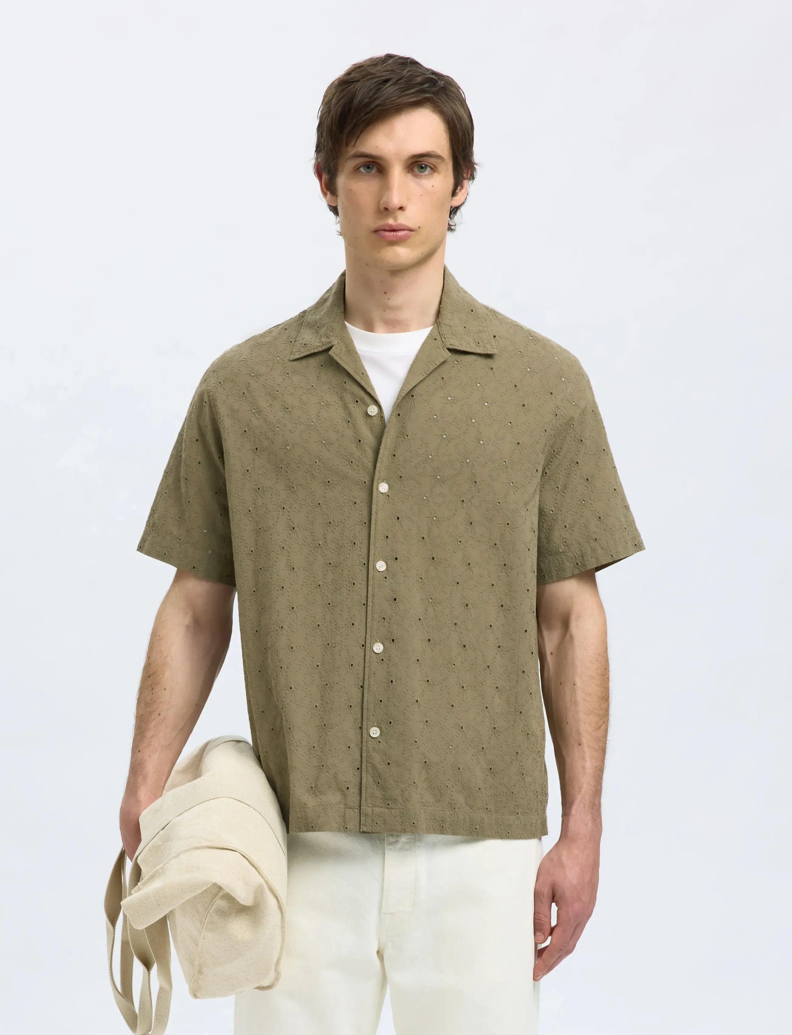 Selected Slhrlxjax Broderie Ss Shirt, Mænd, Broderi Kortærmet Skjorte, Grøn, Str: S