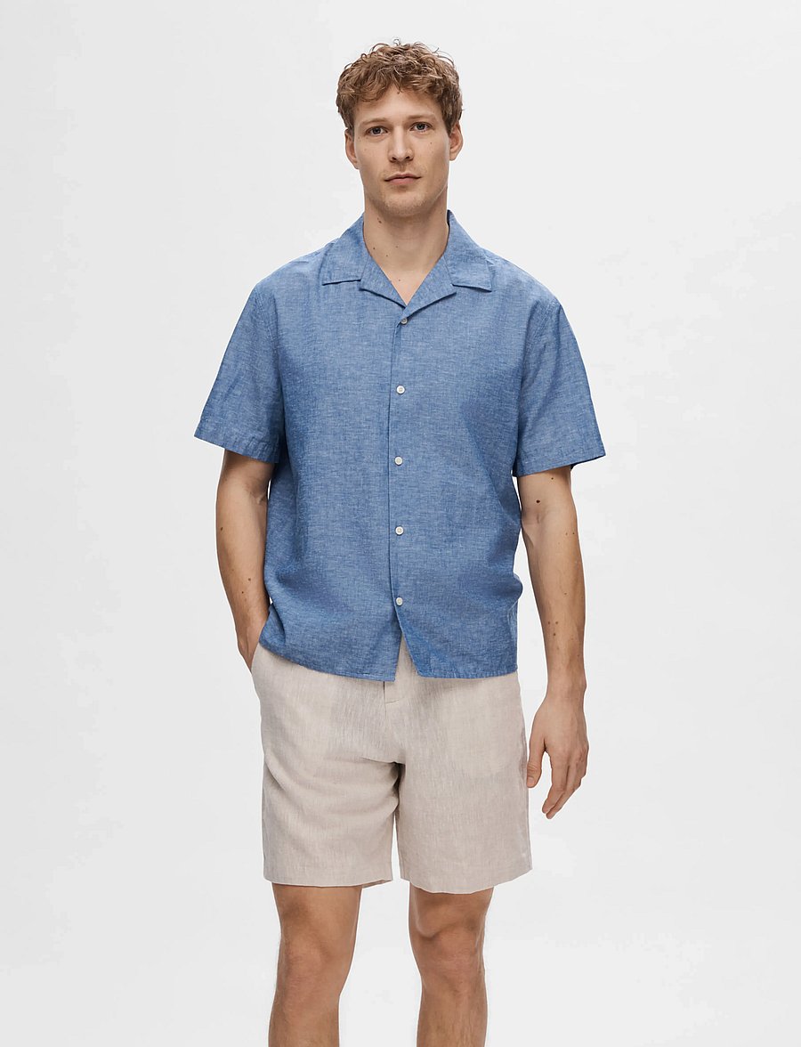 Selected - SLHRELAXSUN SHIRT SS RESORT - chemises de lin - medium blue denim - 0