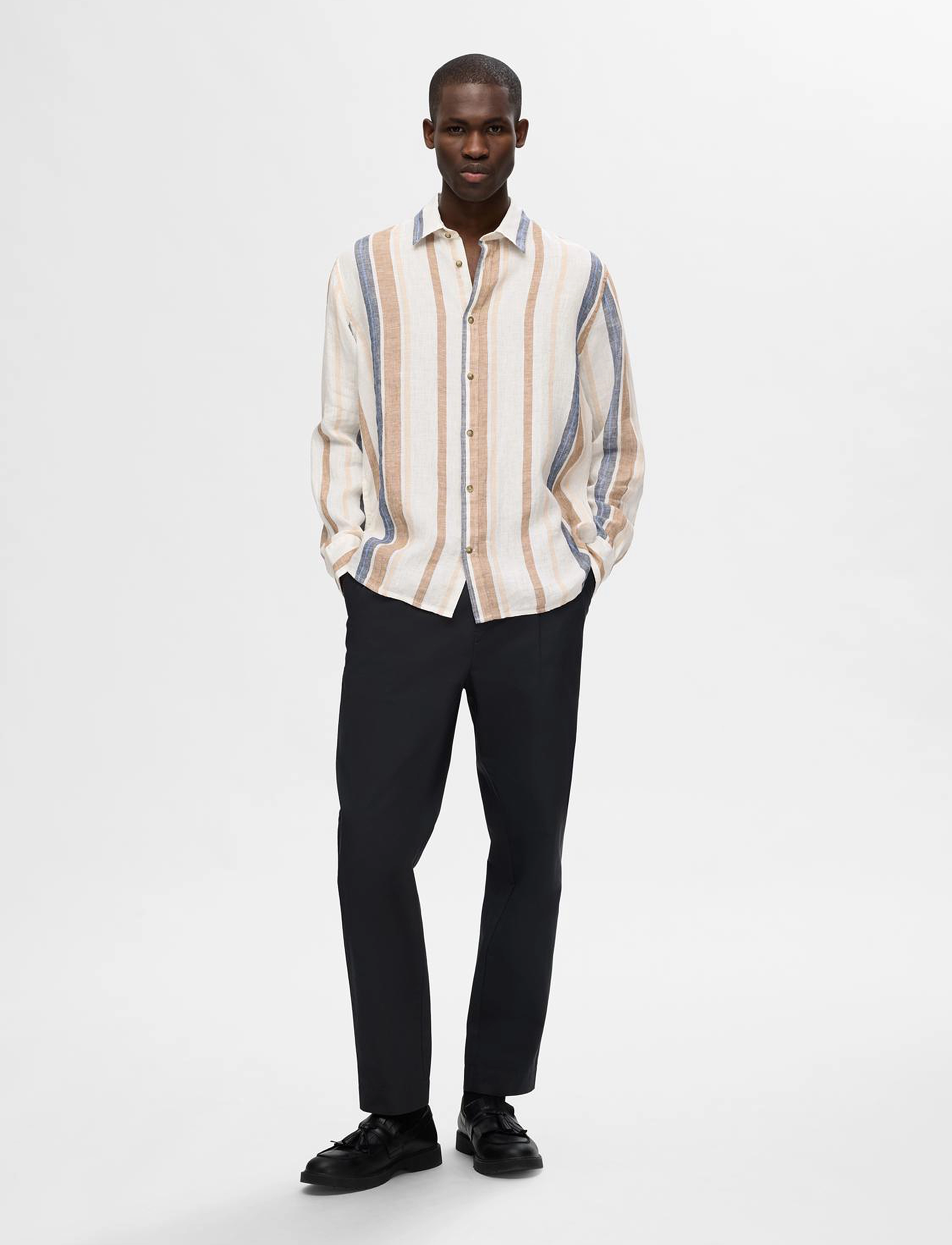 Selected Homme - SLHRELAX-LINEN WIDE STRIPE SHIRT LS - egret - 3