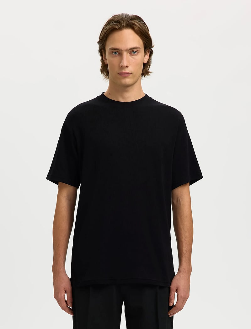 Selected - SLHSPENCER RIB SS O-NECK TEE NOOS - lühikeste varrukatega t-särgid - black - 0