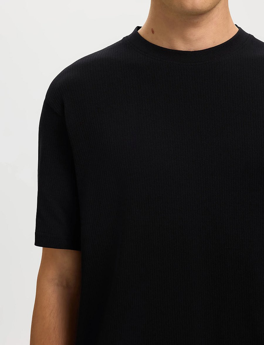Selected - SLMSPENCER RIB SS O-NECK TEE NOOS - kurzärmelige t-shirts - black - 4
