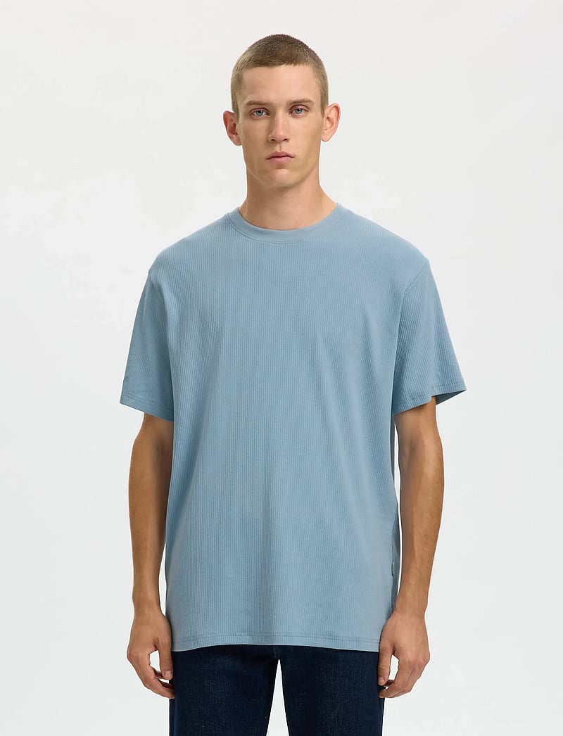 Selected - SLHSPENCER RIB SS O-NECK TEE NOOS - lühikeste varrukatega t-särgid - dusty blue - 0