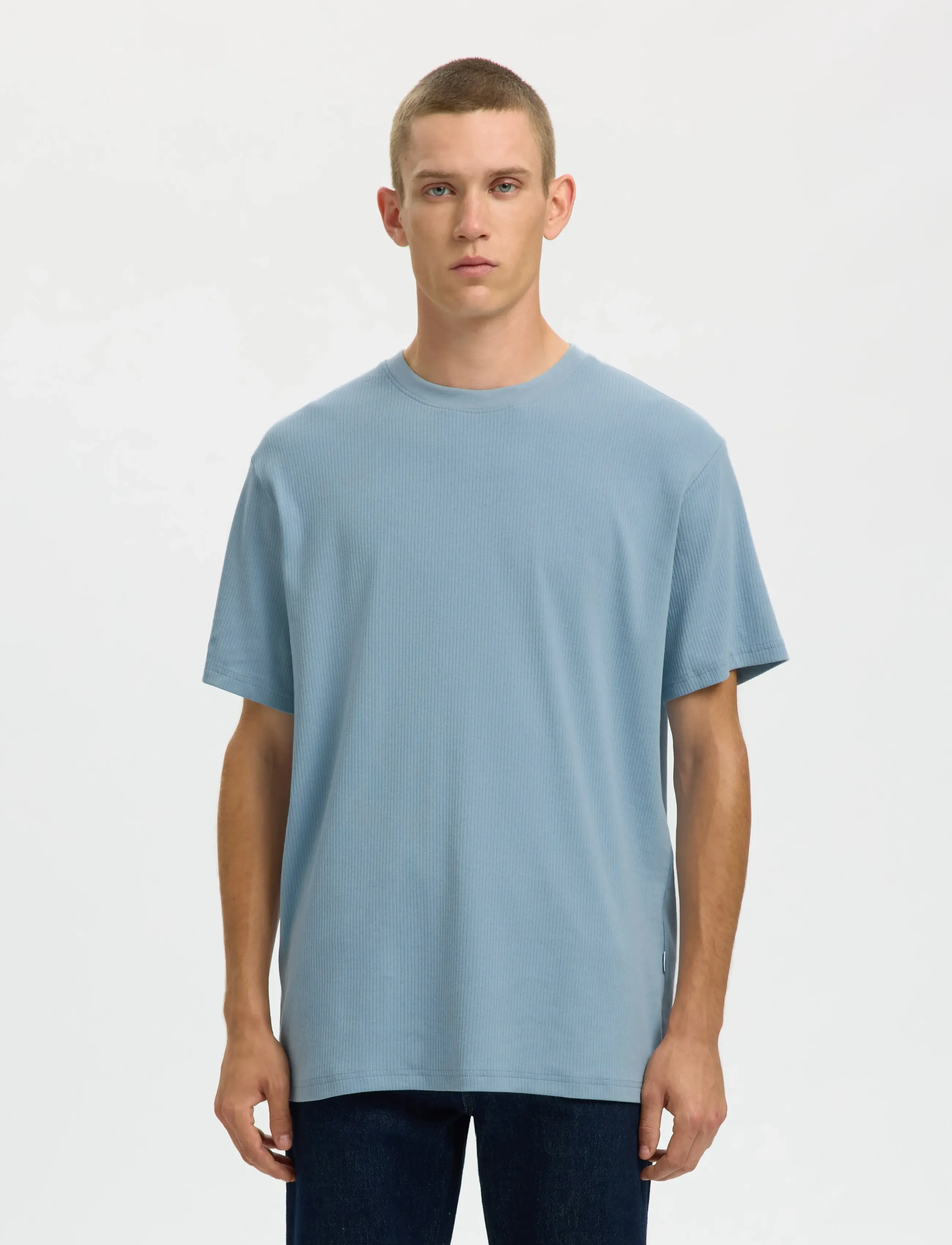 Selected SLMSPENCER RIB SS O-NECK TEE NOOS - Tøj - DUSTY BLUE / blue
