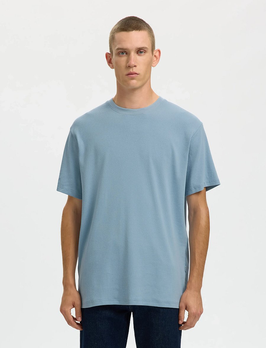 Selected - SLMSPENCER RIB SS O-NECK TEE NOOS - short-sleeved t-shirts - dusty blue - 0