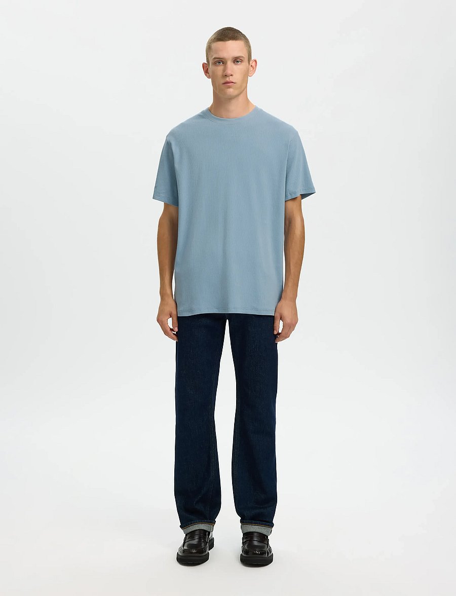 Selected - SLMSPENCER RIB SS O-NECK TEE NOOS - short-sleeved t-shirts - dusty blue - 3