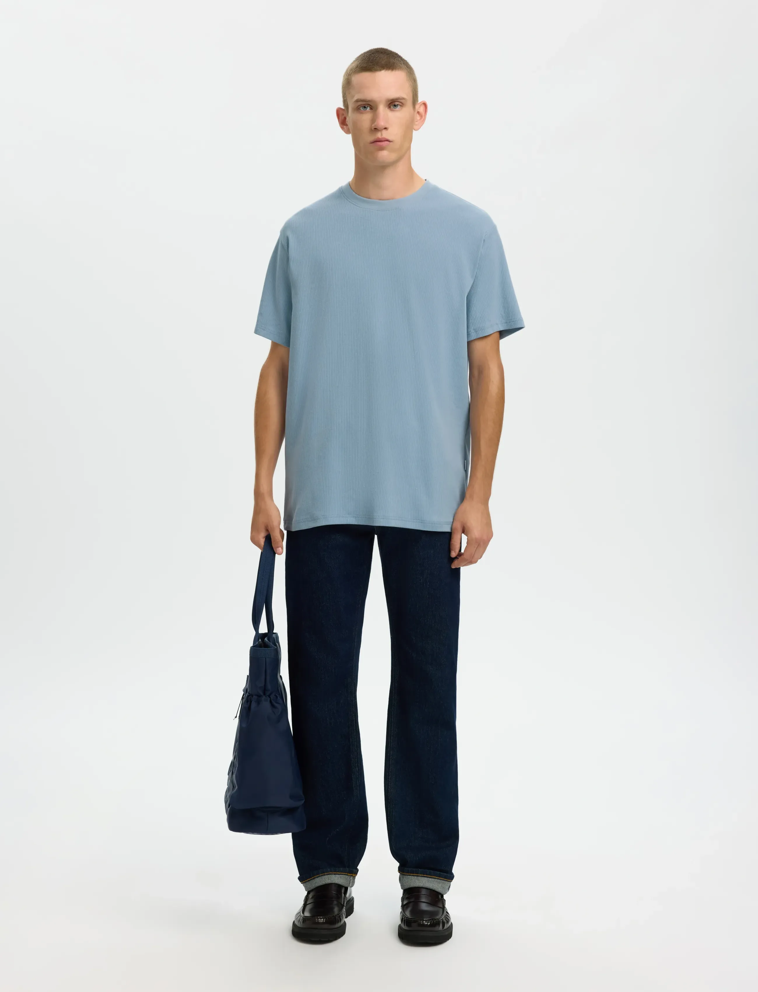 Selected - SLMSPENCER RIB SS O-NECK TEE NOOS - kortærmede t-shirts - dusty blue - 4