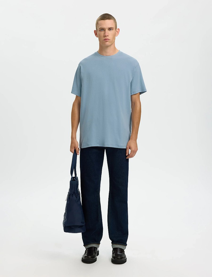 Selected - SLMSPENCER RIB SS O-NECK TEE NOOS - short-sleeved t-shirts - dusty blue - 4