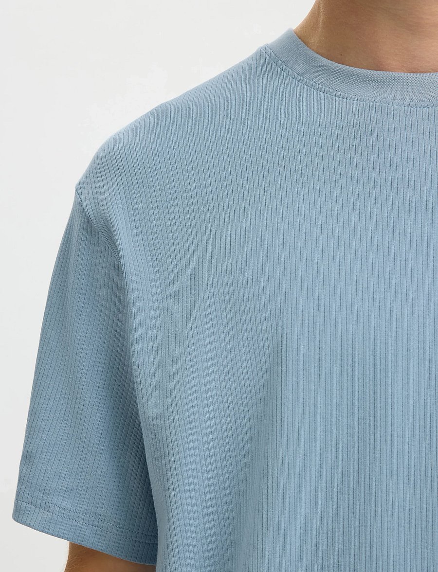 Selected - SLMSPENCER RIB SS O-NECK TEE NOOS - short-sleeved t-shirts - dusty blue - 5