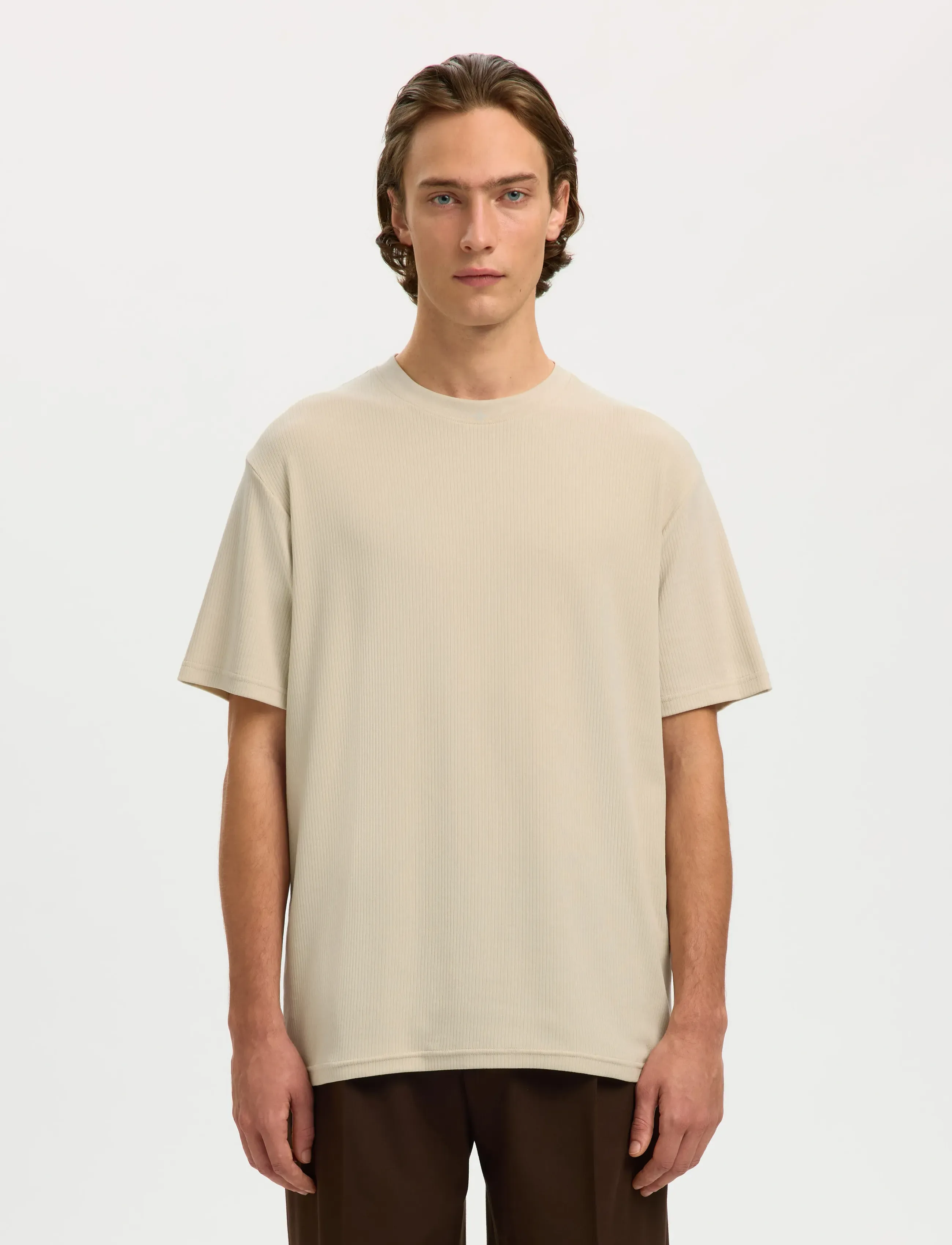 Selected Slhspencer Rib Ss O-Neck Tee Noos, XL, T-shirts, Creme - Short-sleeved, Männerswear