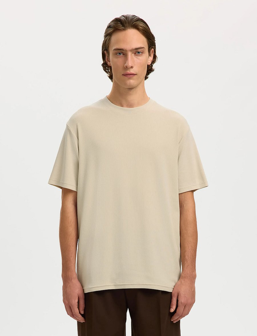 Selected - SLHSPENCER RIB SS O-NECK TEE NOOS - kurzärmelige t-shirts - oatmeal - 0