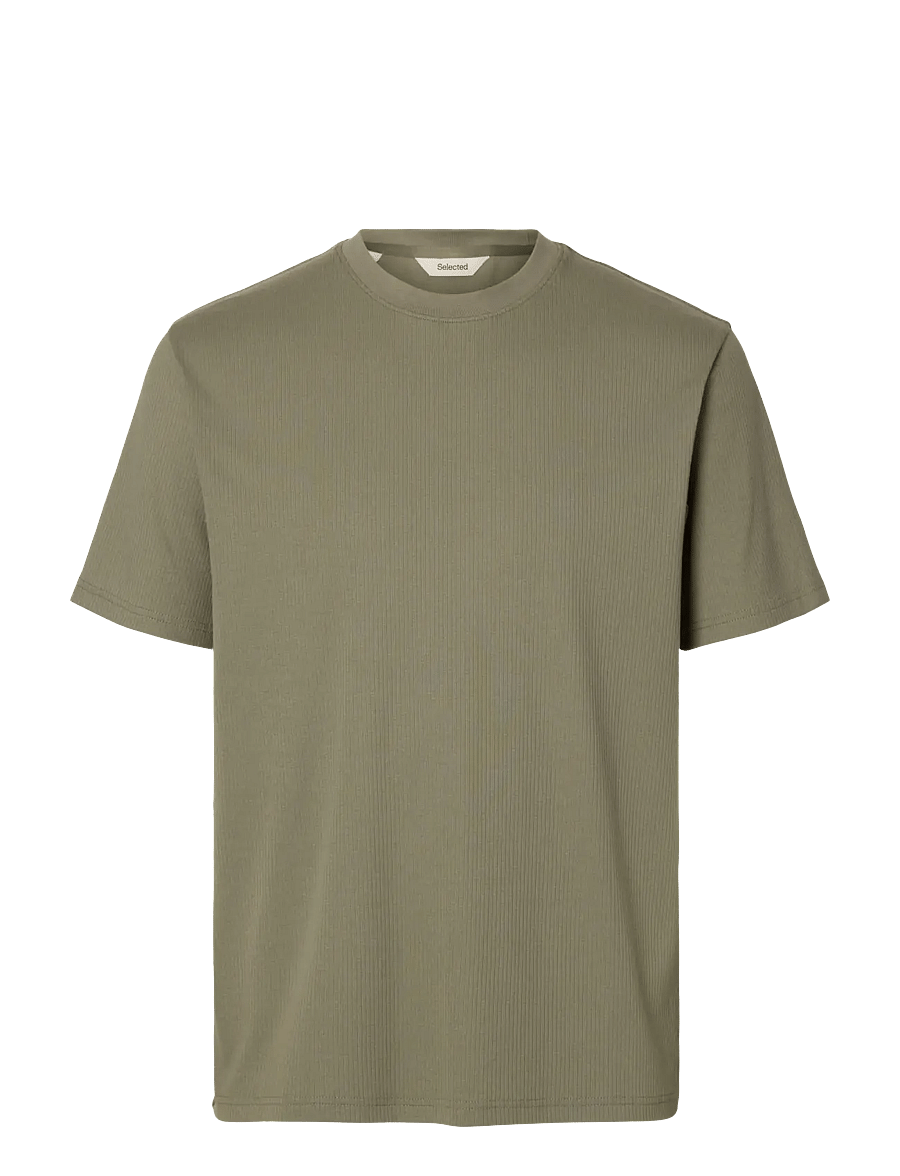 Selected - SLHSPENCER RIB SS O-NECK TEE NOOS - kurzärmelige t-shirts - vetiver - 1