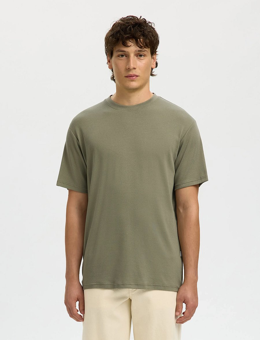 Selected - SLHSPENCER RIB SS O-NECK TEE NOOS - kurzärmelige t-shirts - vetiver - 0
