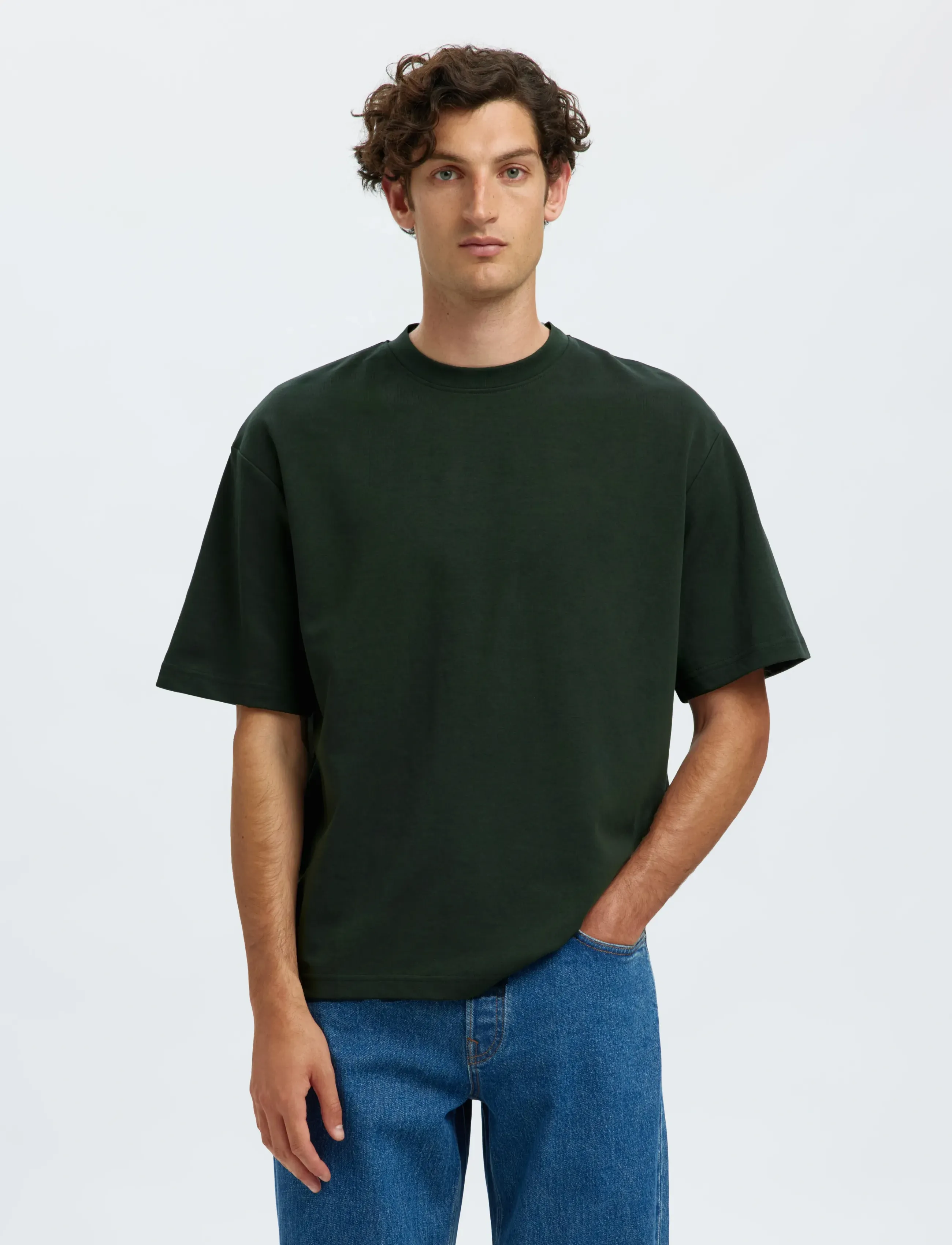 Selected SLMLOOSEOSCAR SS O-NECK TEE NOOS - Tøj - DEEP FOREST / khaki/green