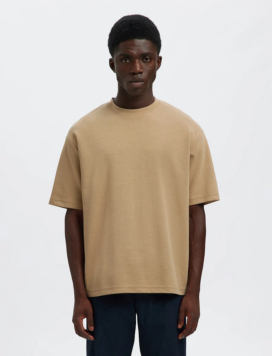 Selected - SLMLOOSEOSCAR SS O-NECK TEE NOOS - kurzärmelige t-shirts - savannah tan - 0
