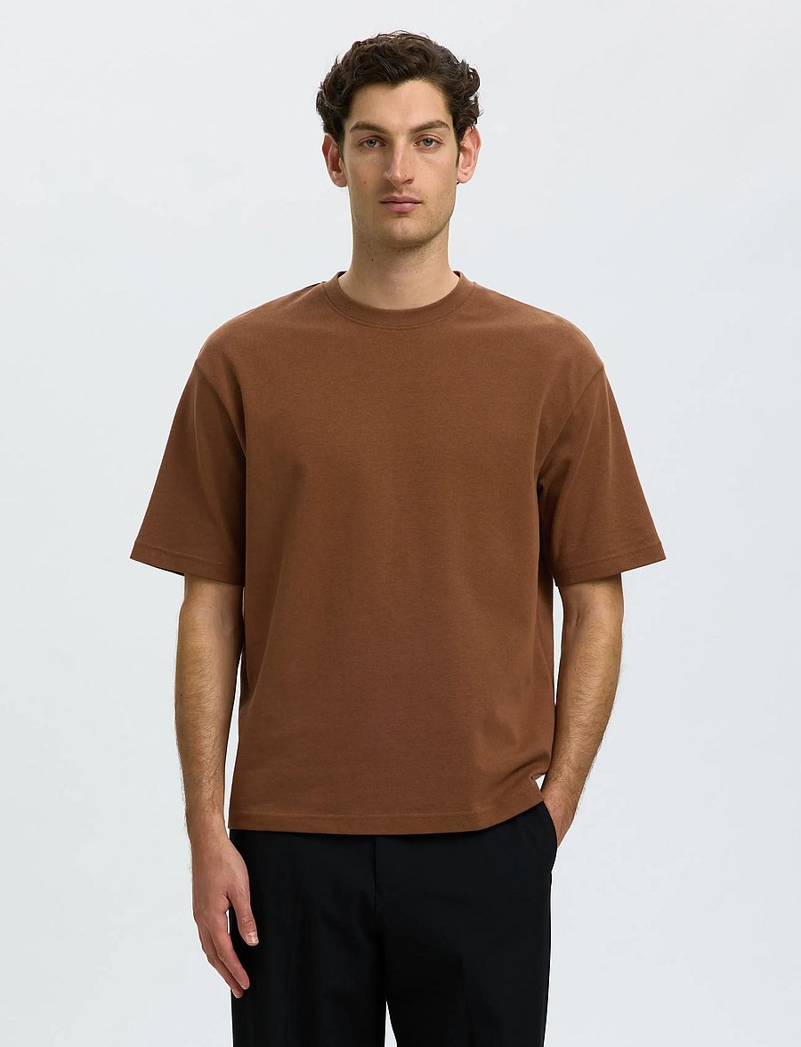 Selected - SLMLOOSEOSCAR SS O-NECK TEE NOOS - kurzärmelige t-shirts - toffee - 0