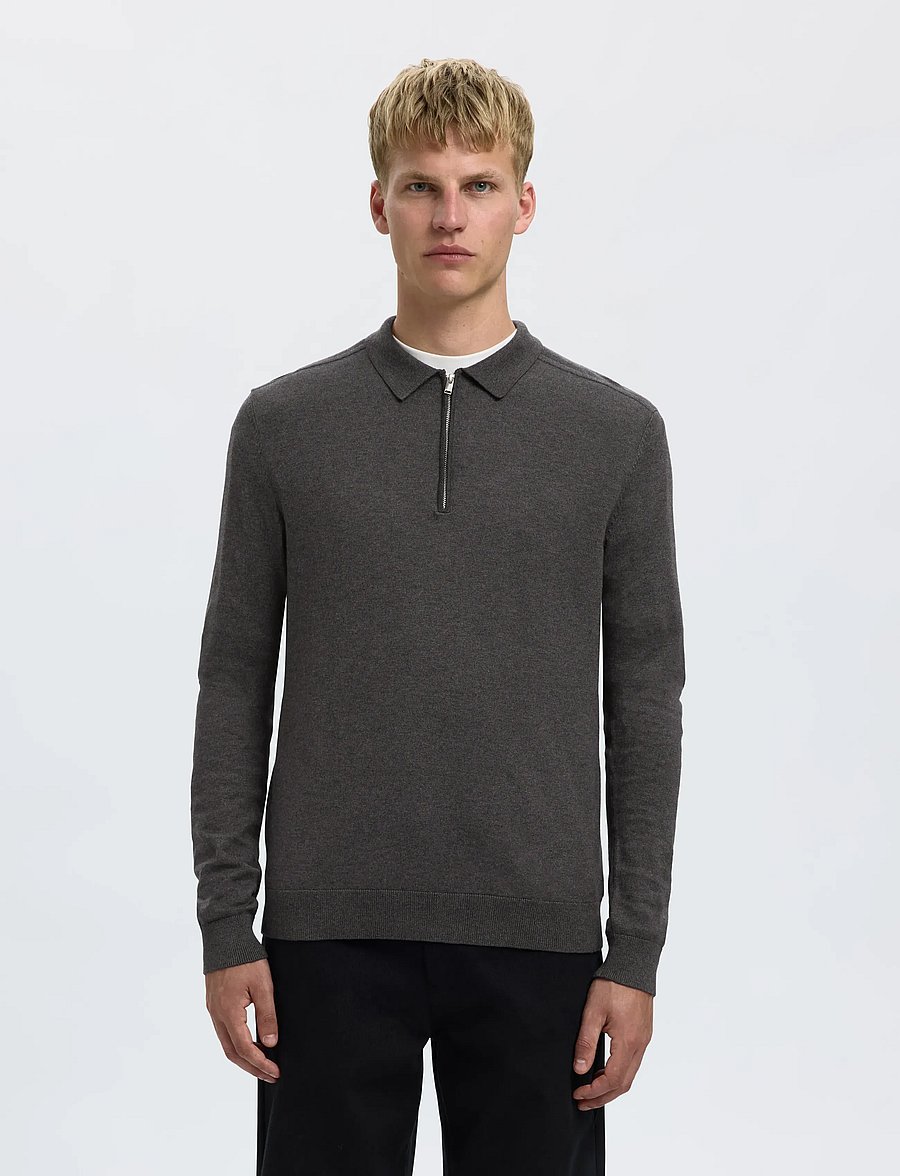Selected - SLHBERG LS HALF ZIP POLO NOOS - langärmelige strick-polohemden - antracit - 0