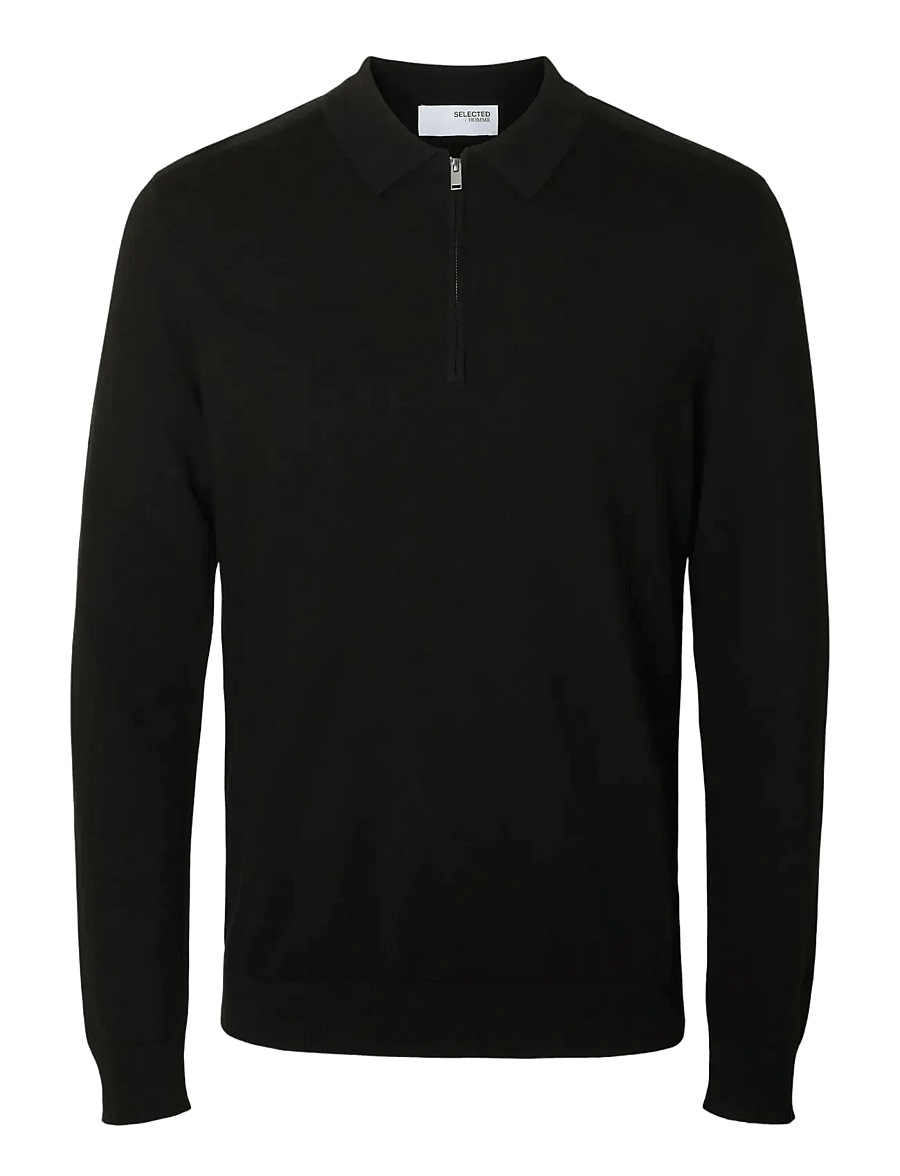 Selected - SLHBERG LS HALF ZIP POLO NOOS - langärmelige strick-polohemden - black - 1
