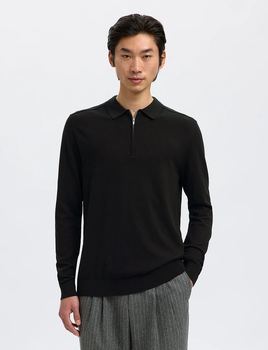 Selected - SLHBERG LS HALF ZIP POLO NOOS - langärmelige strick-polohemden - black - 0