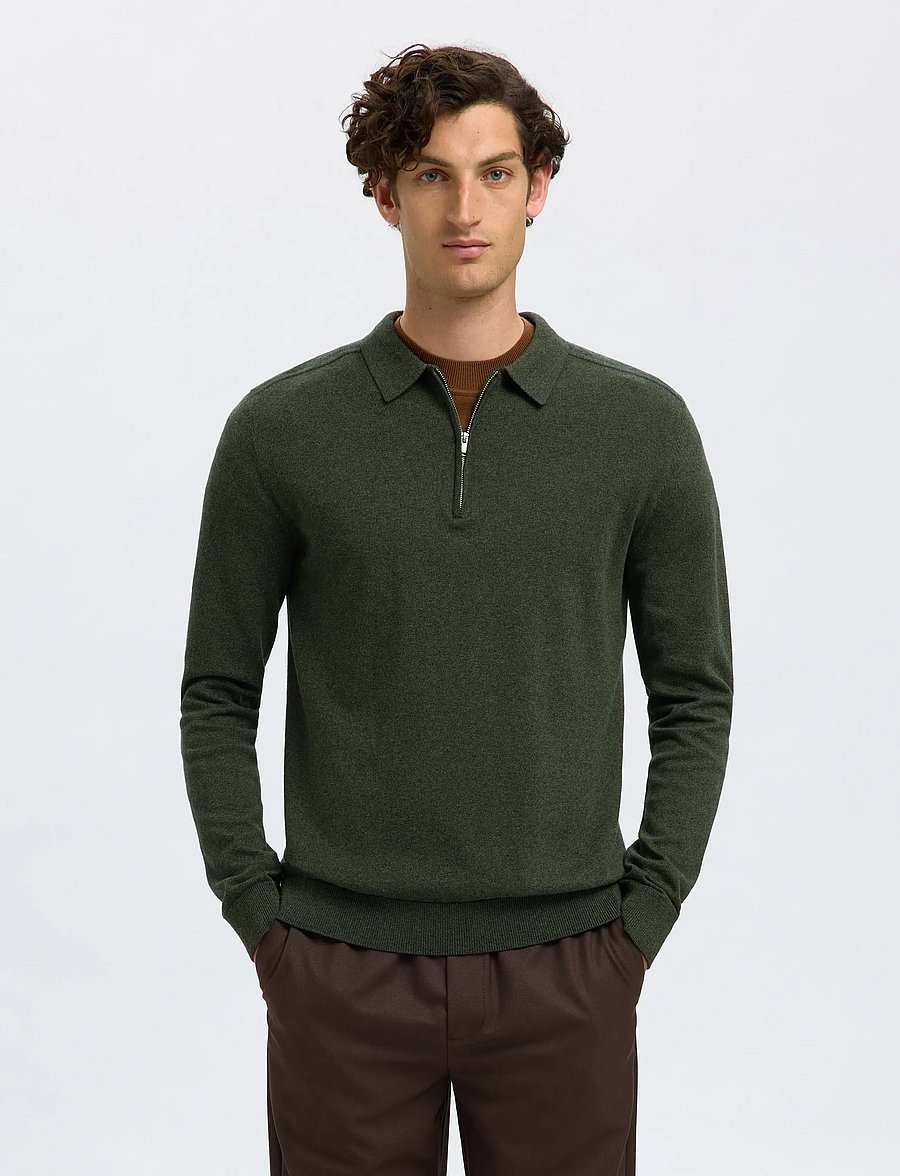 Selected - SLHBERG LS HALF ZIP POLO NOOS - dzianinowe koszulki polo z długim rękawem - forest night - 0