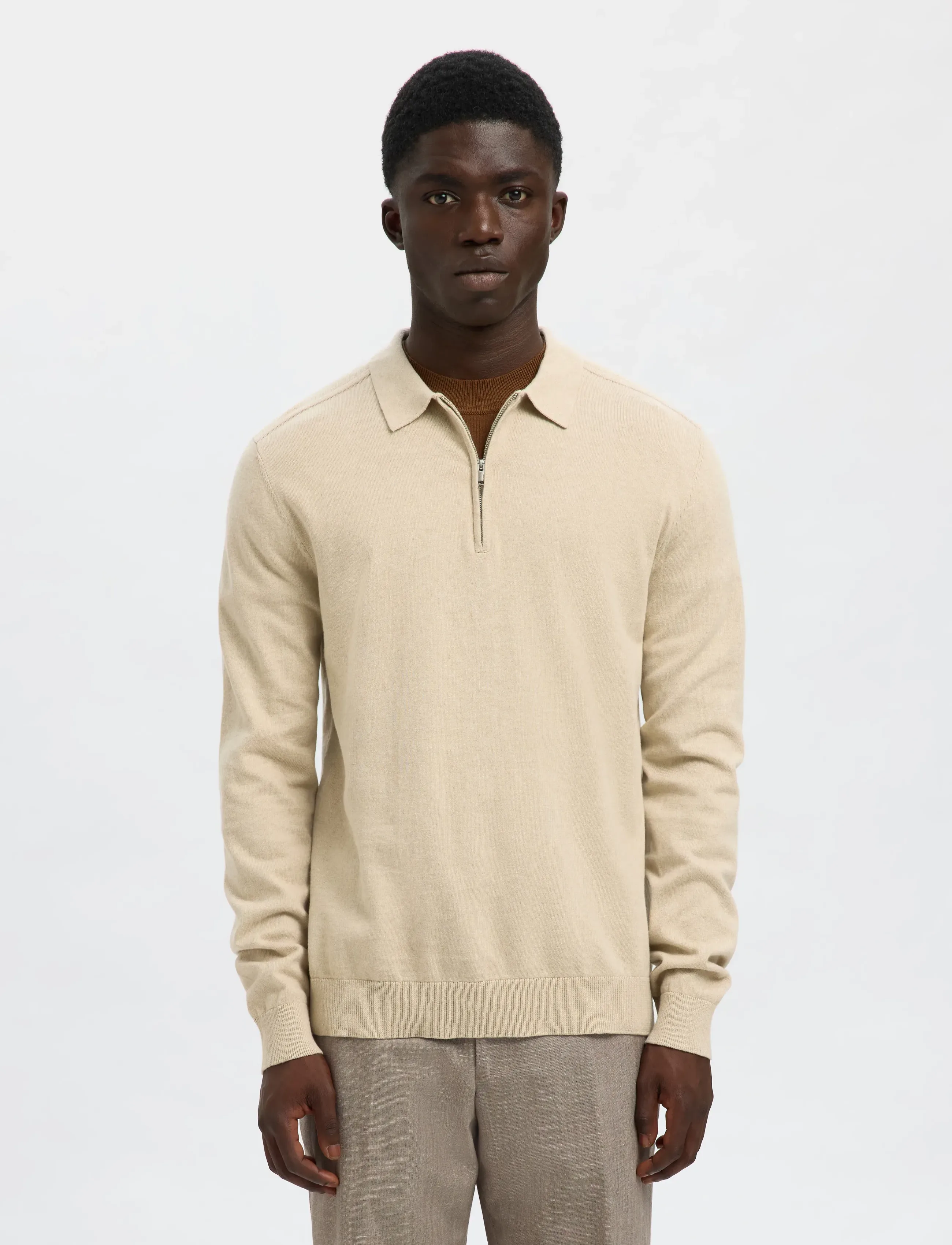 Selected Slhberg Ls Half Zip Polo Noos, XL, Knitwear, Creme - Jumpers, Männerswear