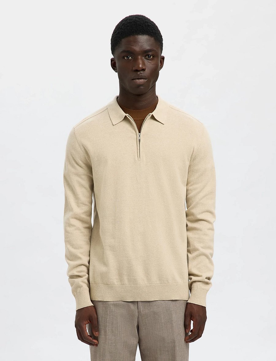 Selected - SLHBERG LS HALF ZIP POLO NOOS - dzianinowe koszulki polo z długim rękawem - oatmeal - 0