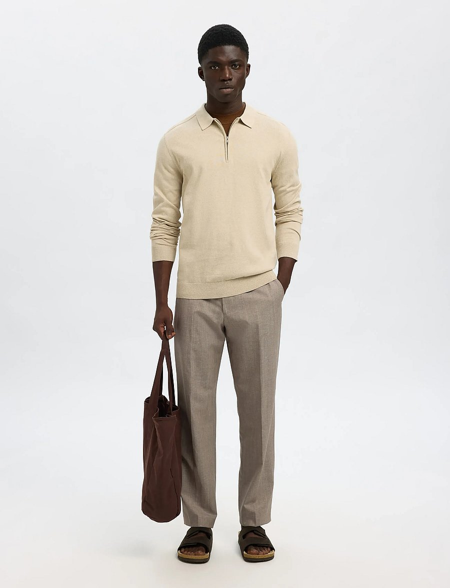 Selected - SLHBERG LS HALF ZIP POLO NOOS - dzianinowe koszulki polo z długim rękawem - oatmeal - 3