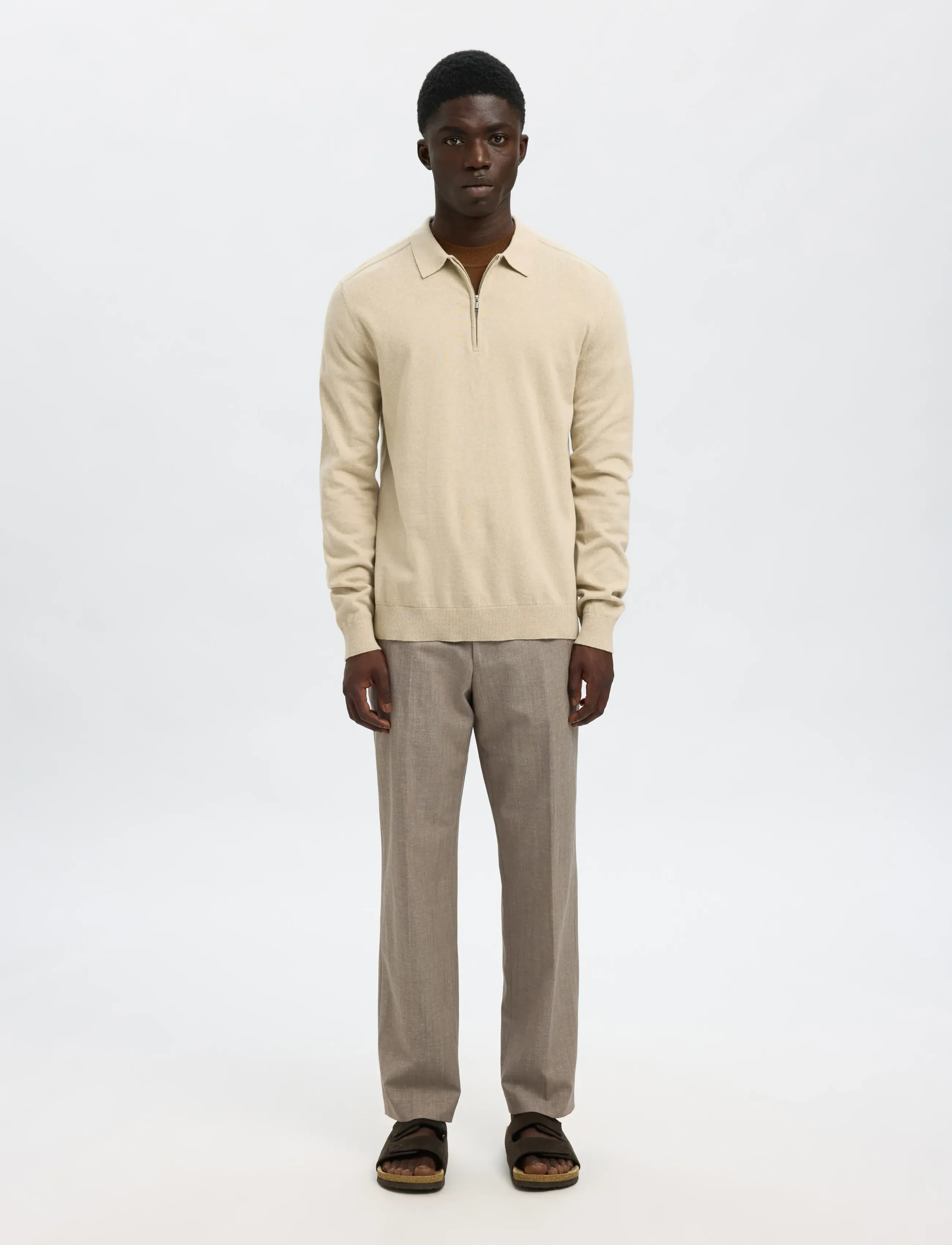 Selected - SLHBERG LS HALF ZIP POLO NOOS - långärmade stickade pikétröjor - oatmeal - 4