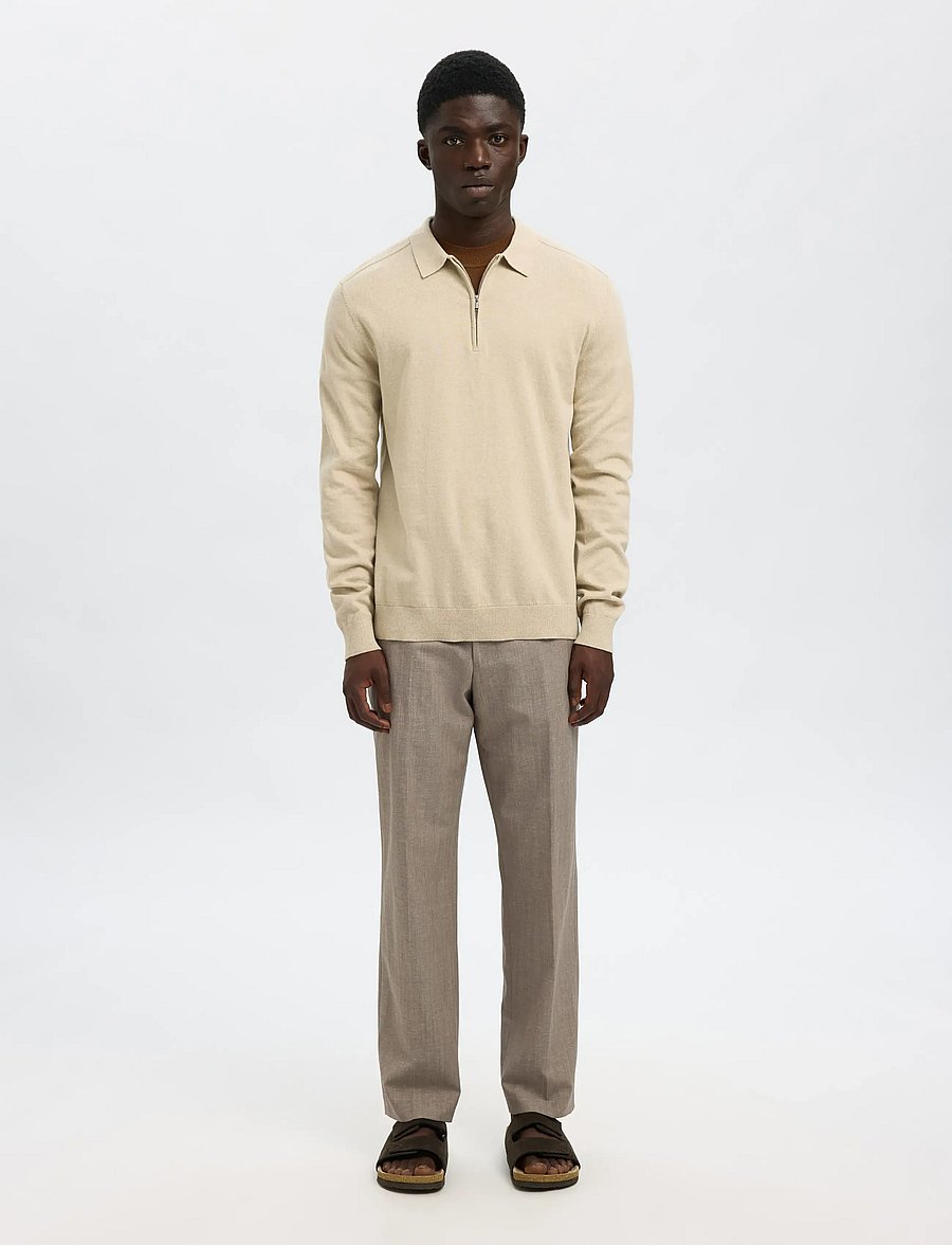 Selected - SLHBERG LS HALF ZIP POLO NOOS - dzianinowe koszulki polo z długim rękawem - oatmeal - 4