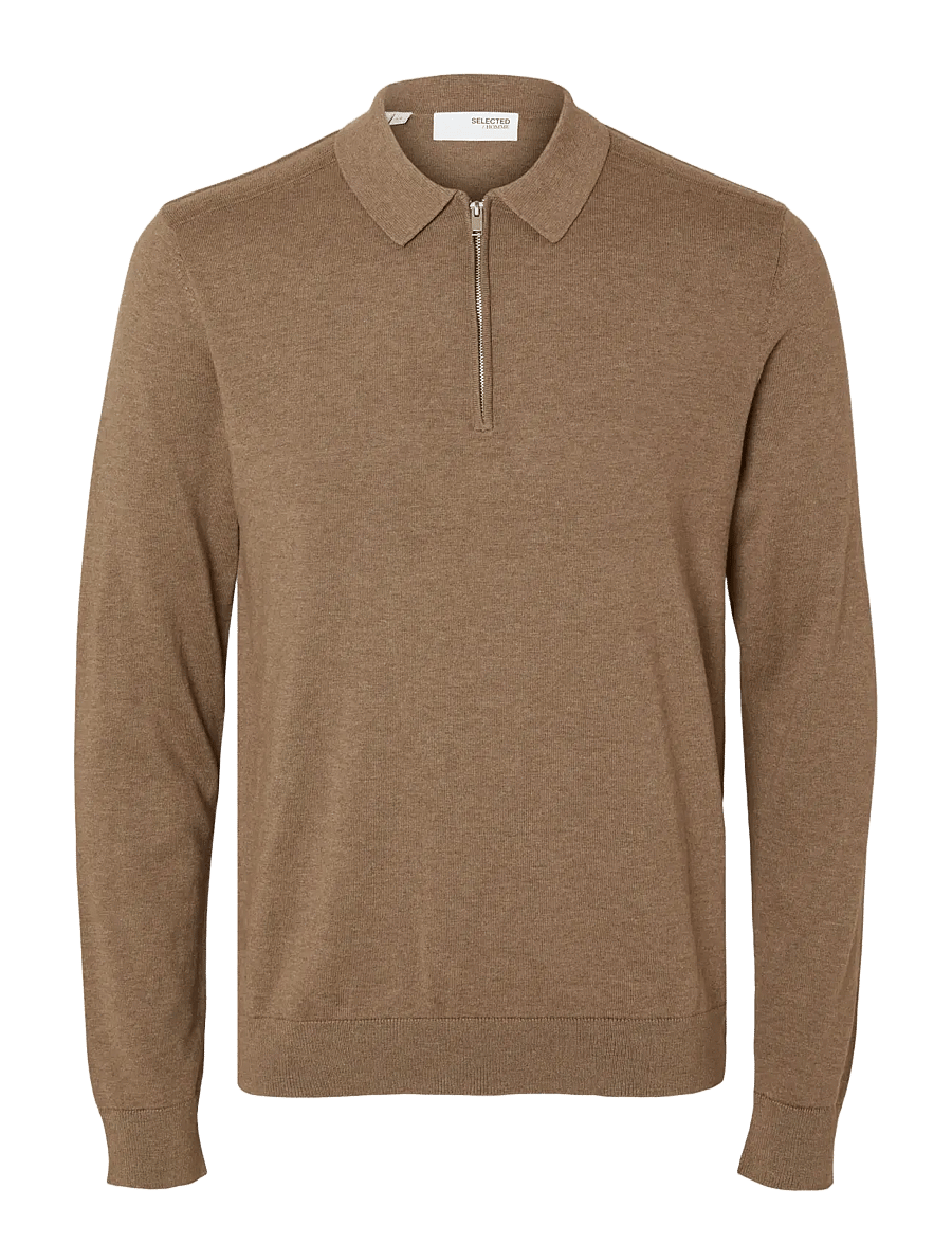 Selected - SLHBERG LS HALF ZIP POLO NOOS - long-sleeved knitted polos - teak - 1