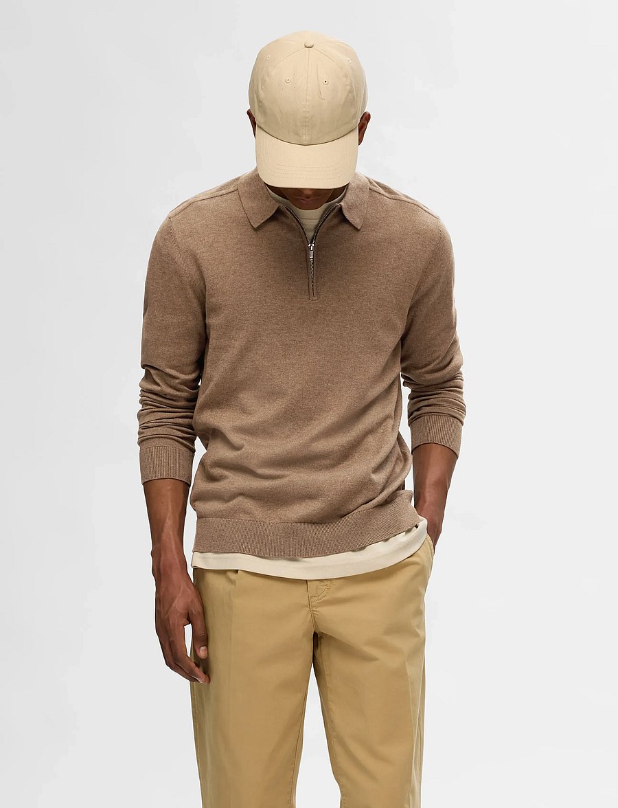 Selected - SLHBERG LS HALF ZIP POLO NOOS - long-sleeved knitted polos - teak - 0