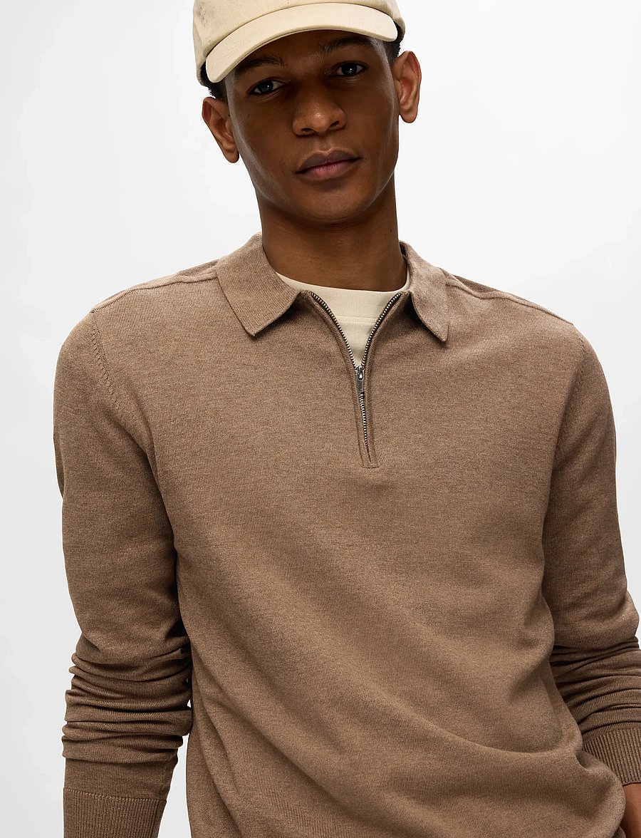 Selected - SLHBERG LS HALF ZIP POLO NOOS - long-sleeved knitted polos - teak - 5