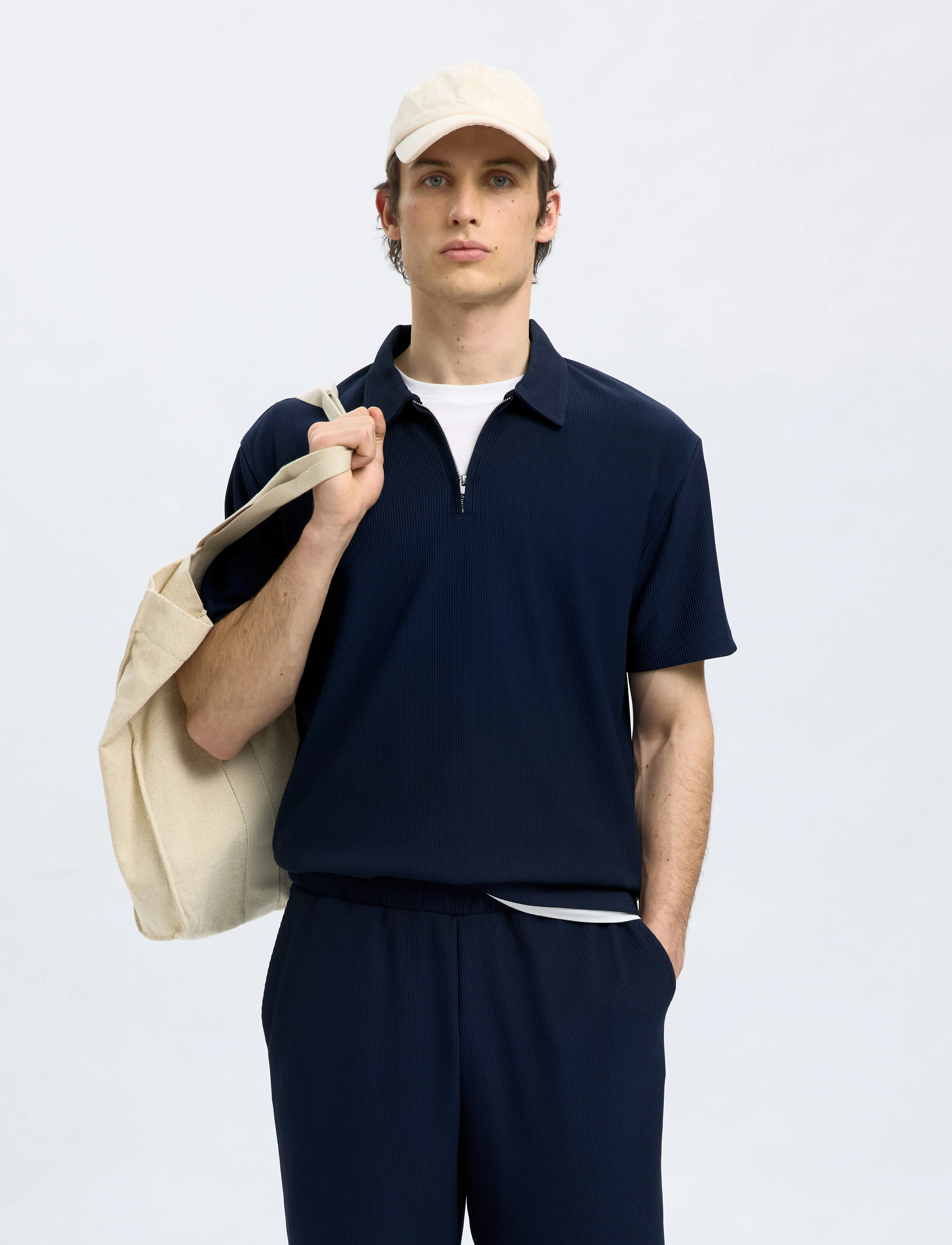 Selected Slhrelax-Plisse Half Zip Ss Polo Ex, S, Polos, Marineblau - Short-sleeved, Männerswear
