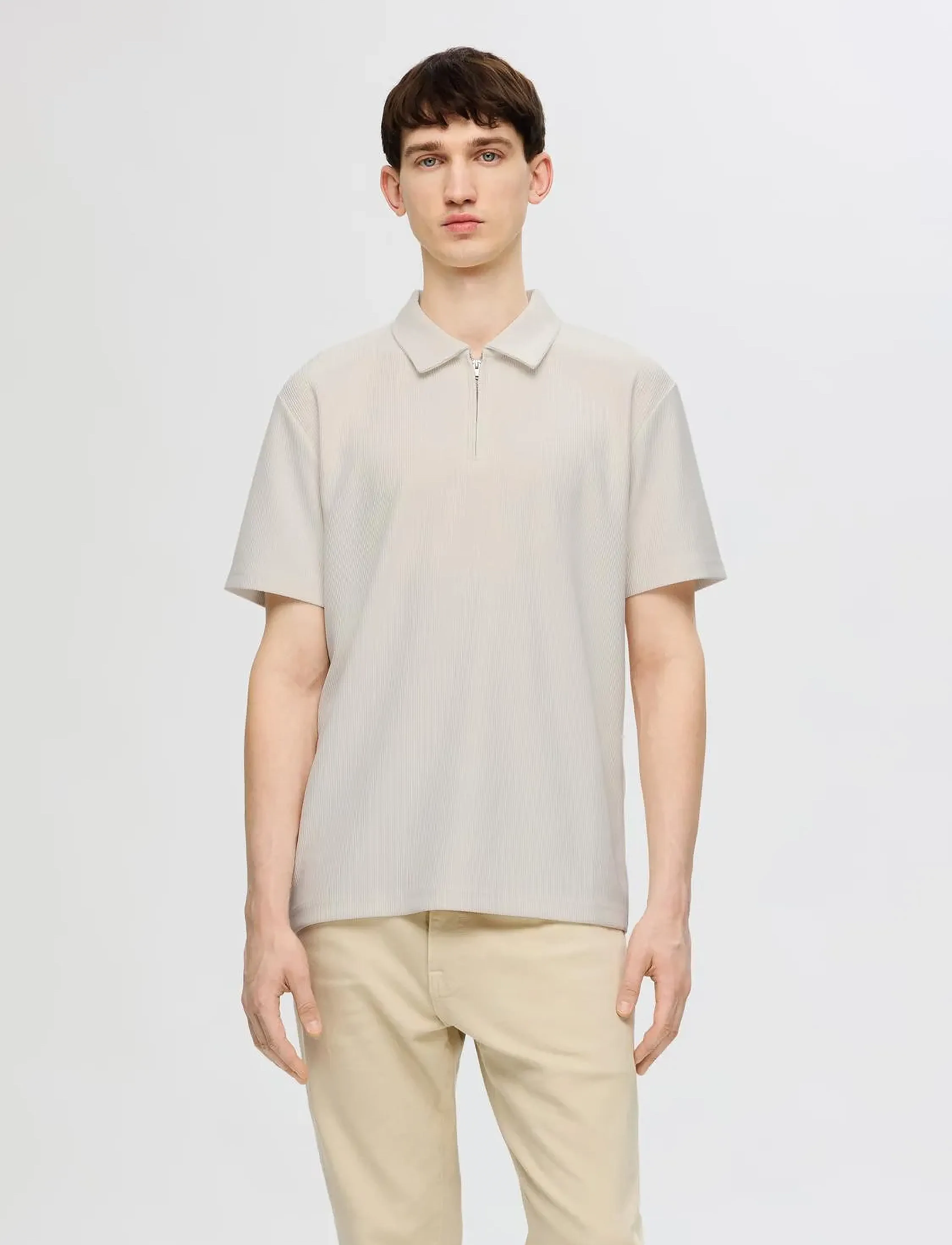 Selected Slhrelax-Plisse Half Zip Ss Polo Ex, Mænd, Plissé Half Zip Kortærmet Poloshirt, Cream, Str: M