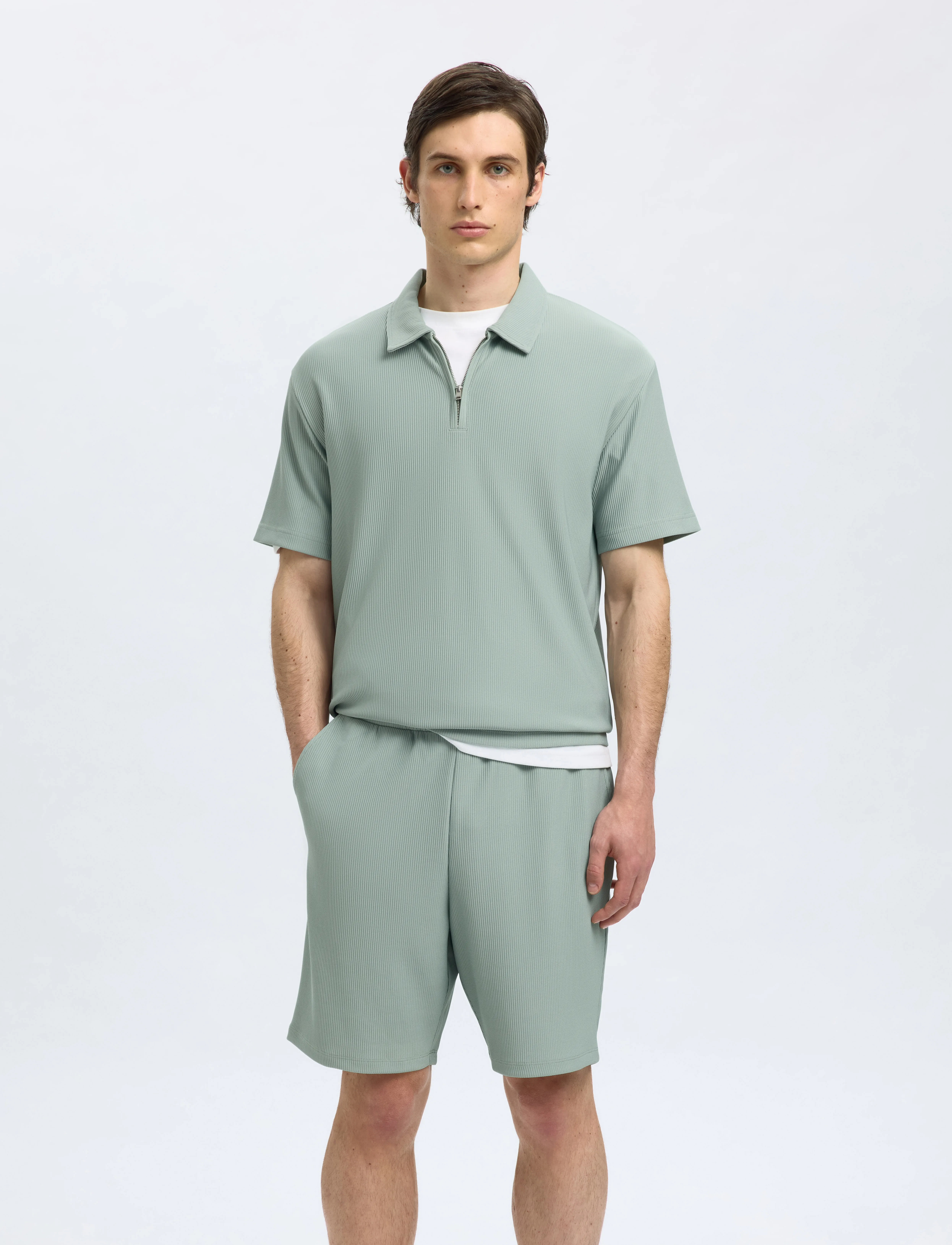 Selected Slhrelax-Plisse Half Zip Ss Polo Ex, Mænd, Plissé Half Zip Kortærmet Poloshirt, Grøn, Str: S