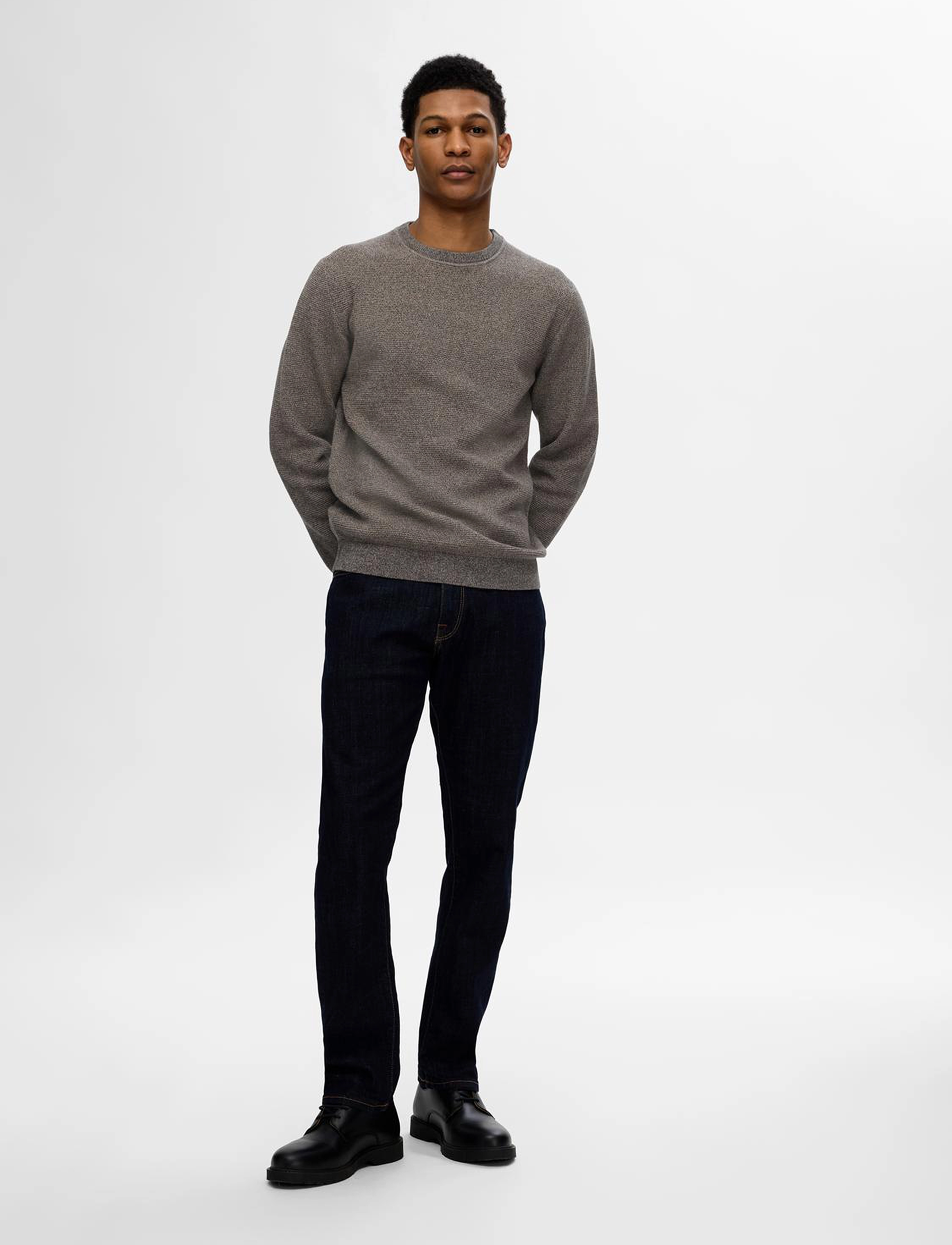 Selected - SLMROSS LS KNIT STRUCTURE CREW NECK NOOS - stickade basplagg - asphalt - 3