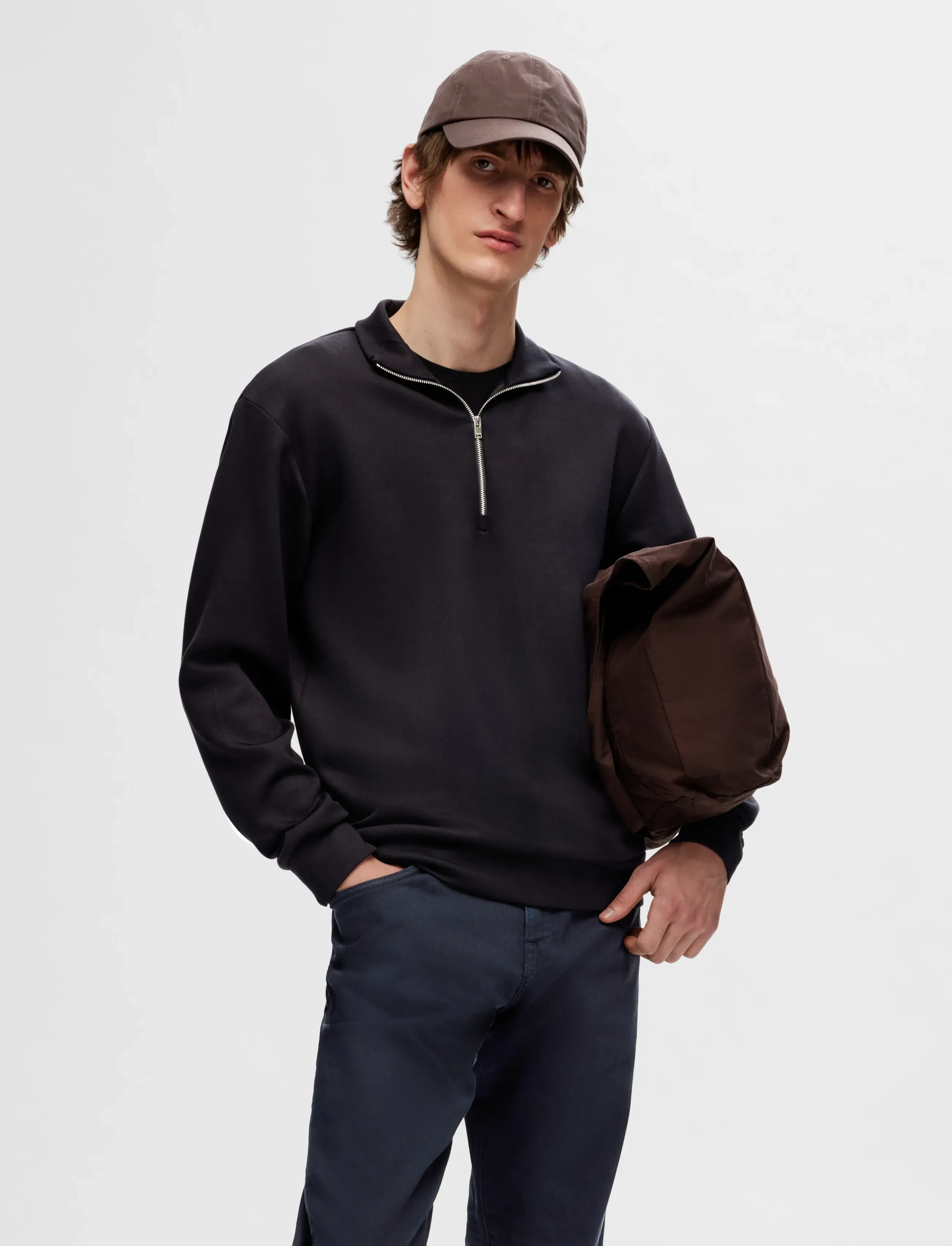 Selected SLHEMANUEL SOFT ZIP HIGH NECK SWEAT NOOS - Kleidung - BLACK / black