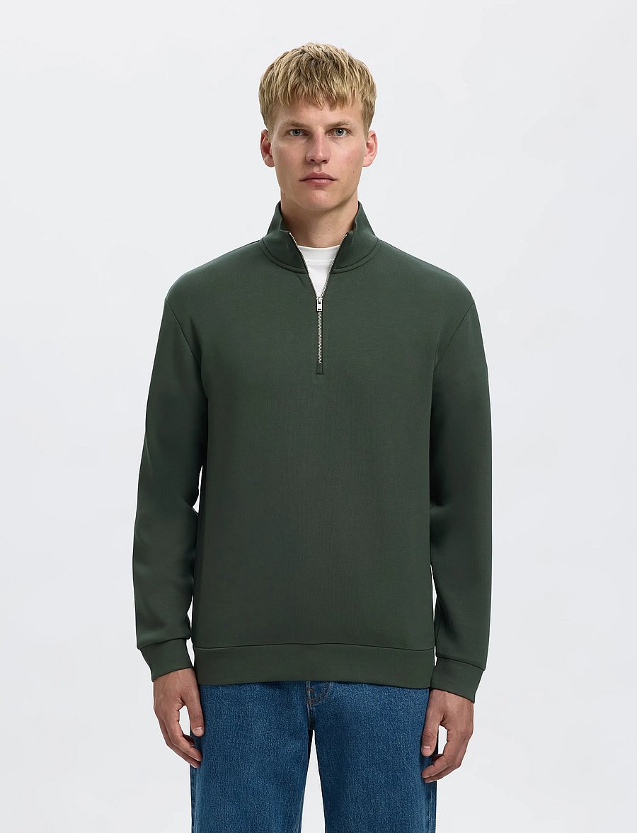 Selected - SLHEMANUEL SOFT ZIP HIGH NECK SWEAT NOOS - puhkuse põhitooted - deep forest - 0