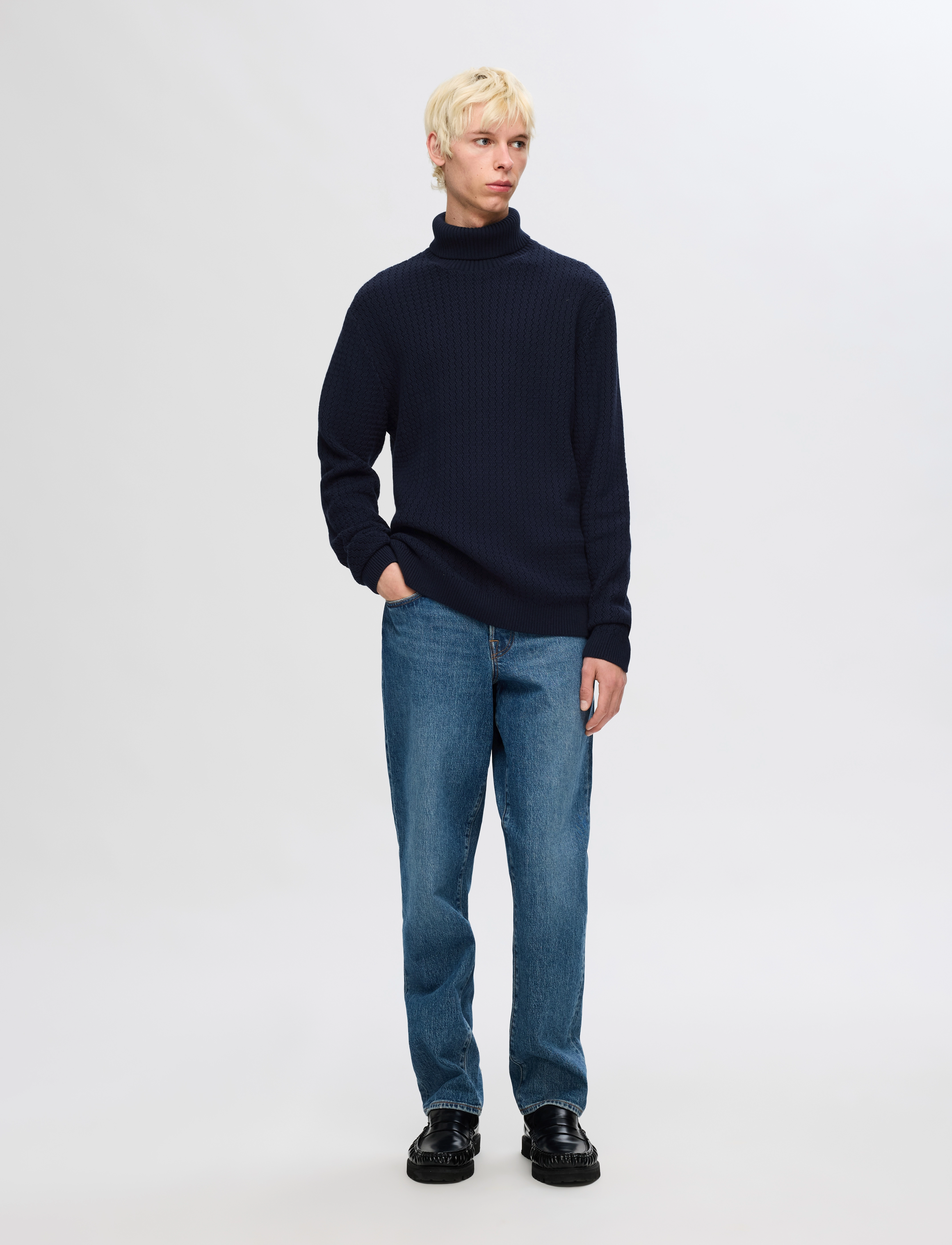 Selected - SLHZIG LS KNIT STRUCTURE ROLL NECK - sky captain - 3
