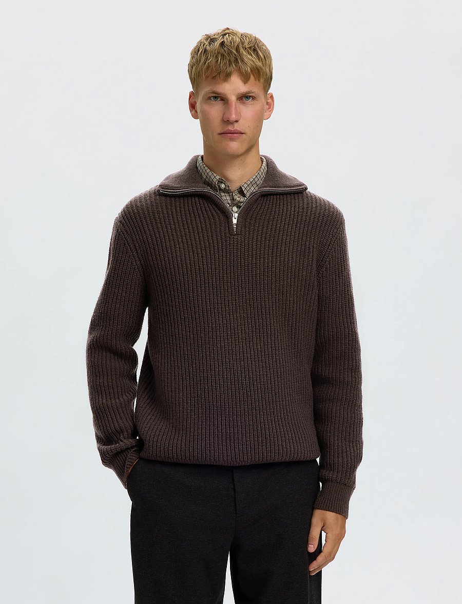 Selected - SLHLAND LS KNIT HALF ZIP - poolpika lukuga džemprid - chocolate torte - 0