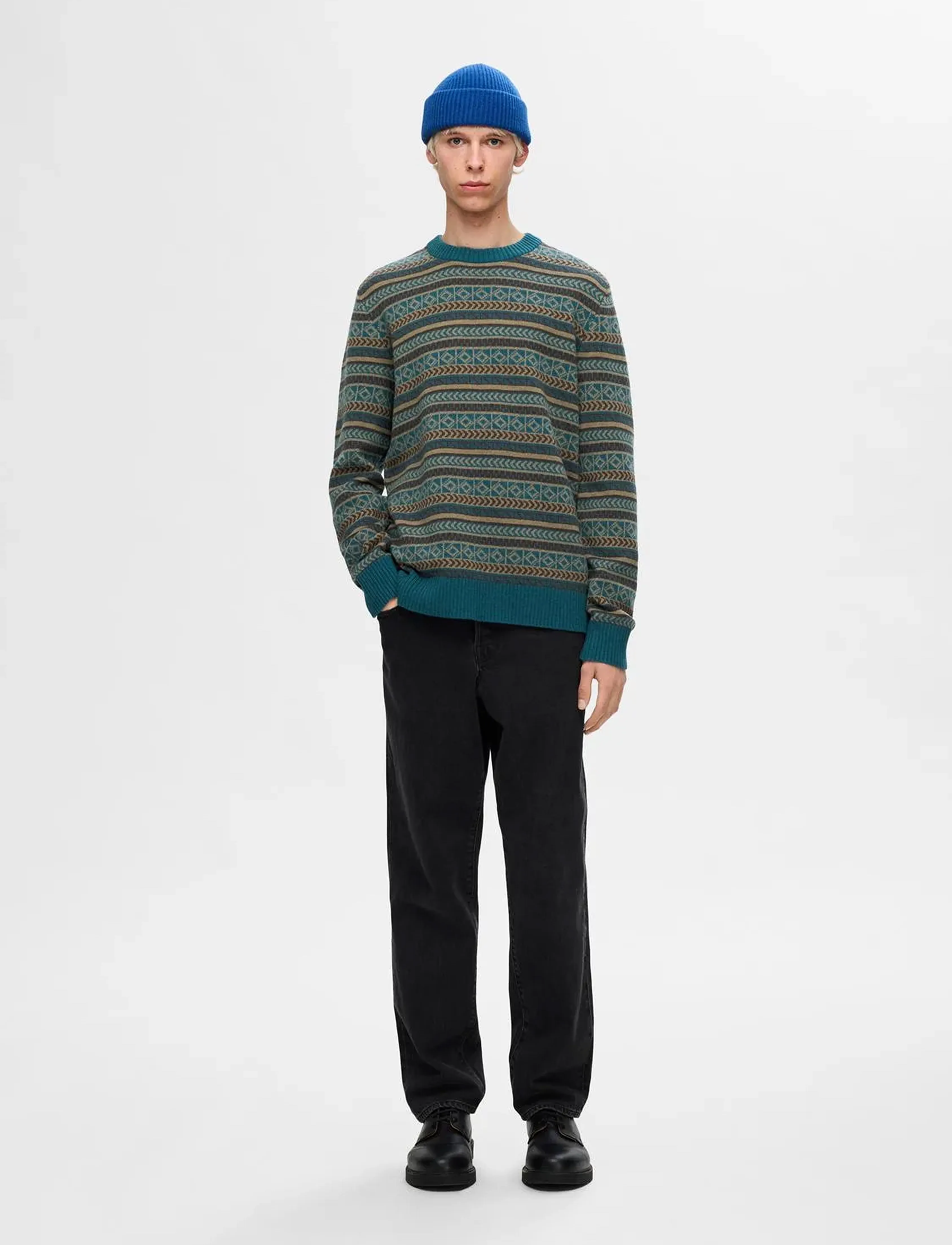 Selected - SLHFADE LS KNIT FAIRISLE CREW NECK - reflecting pond - 3