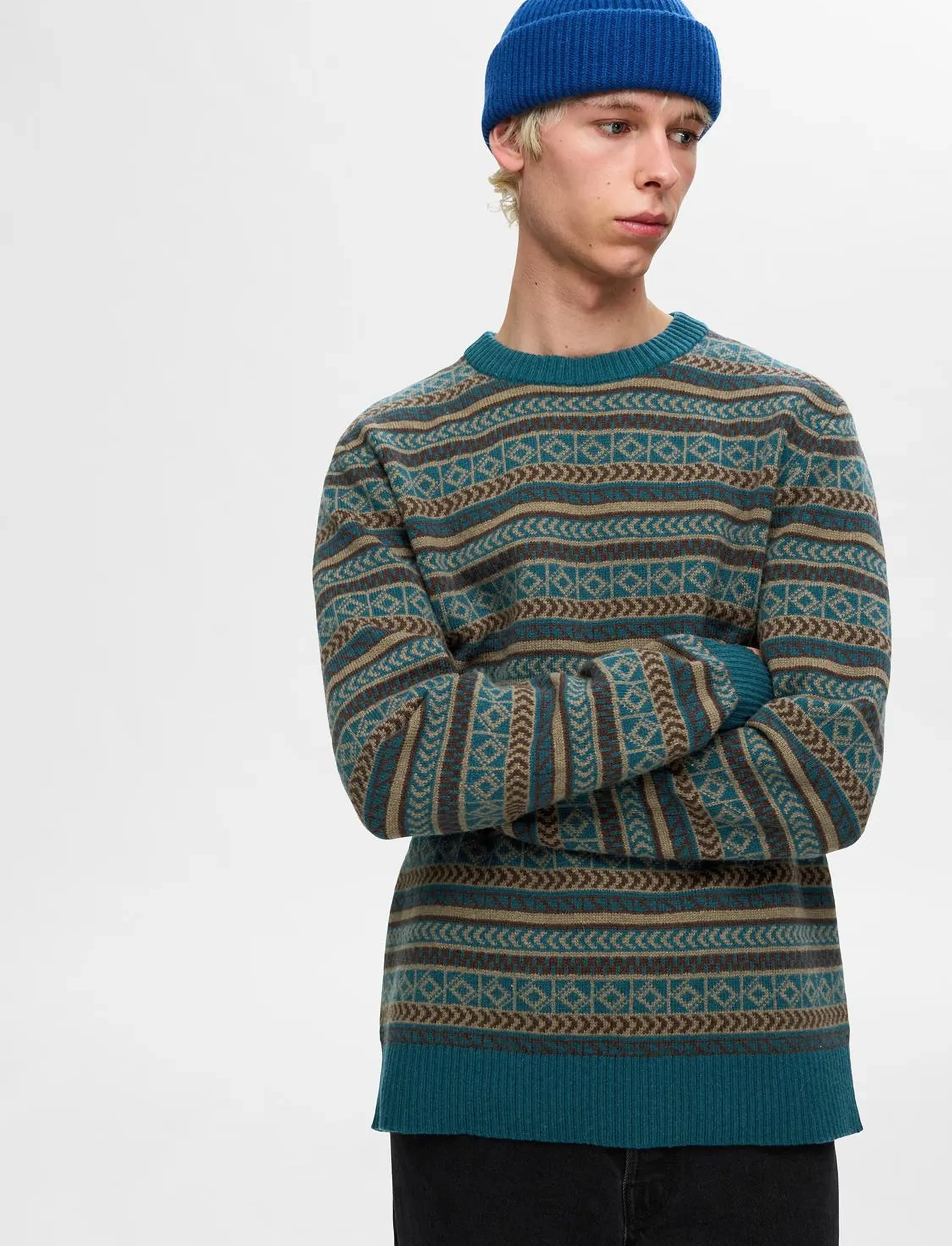 Selected - SLHFADE LS KNIT FAIRISLE CREW NECK - reflecting pond - 4
