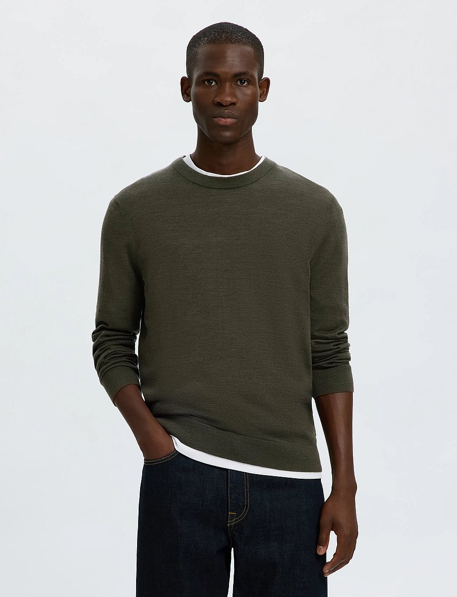 Selected - SLMTRAY LS KNIT REG MERINO CREW NOOS - rundhals - forest night - 0