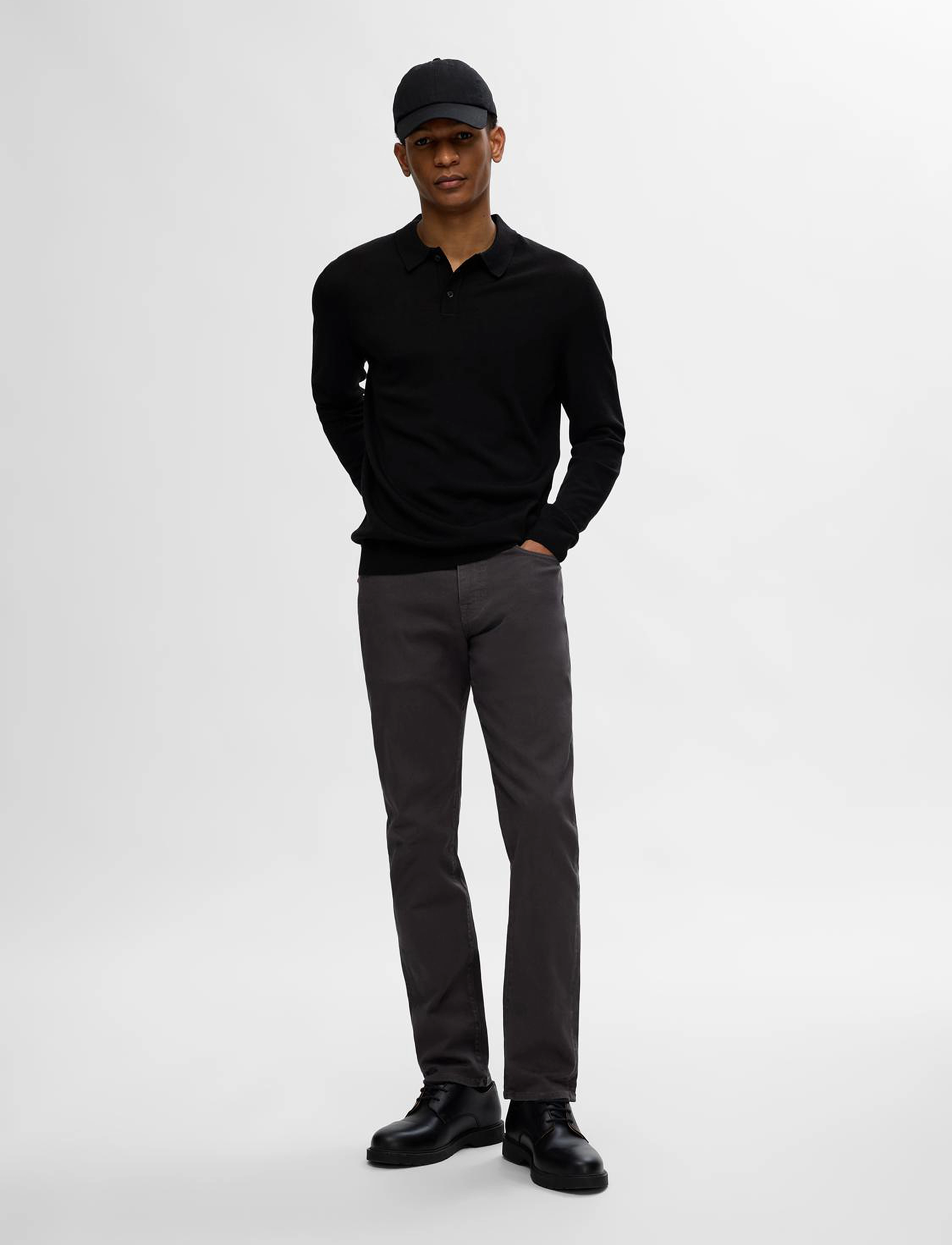 Selected - SLHTRAY LS KNIT MERINO POLO NOOS - black - 3