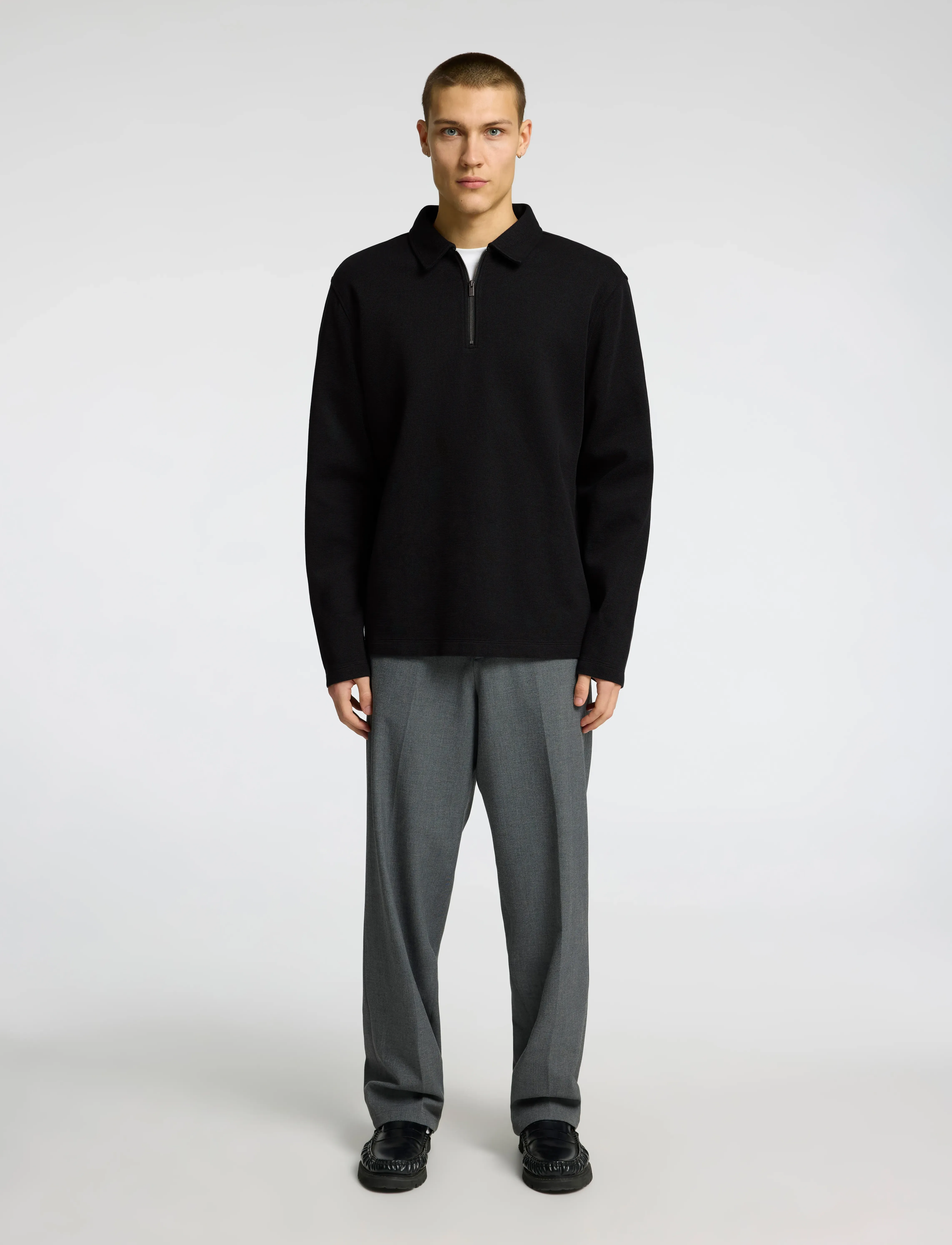 Selected Slhmarc Rib Ls Polo, Mænd, Langærmet Quarter Zip Polo, Sort, Str: L