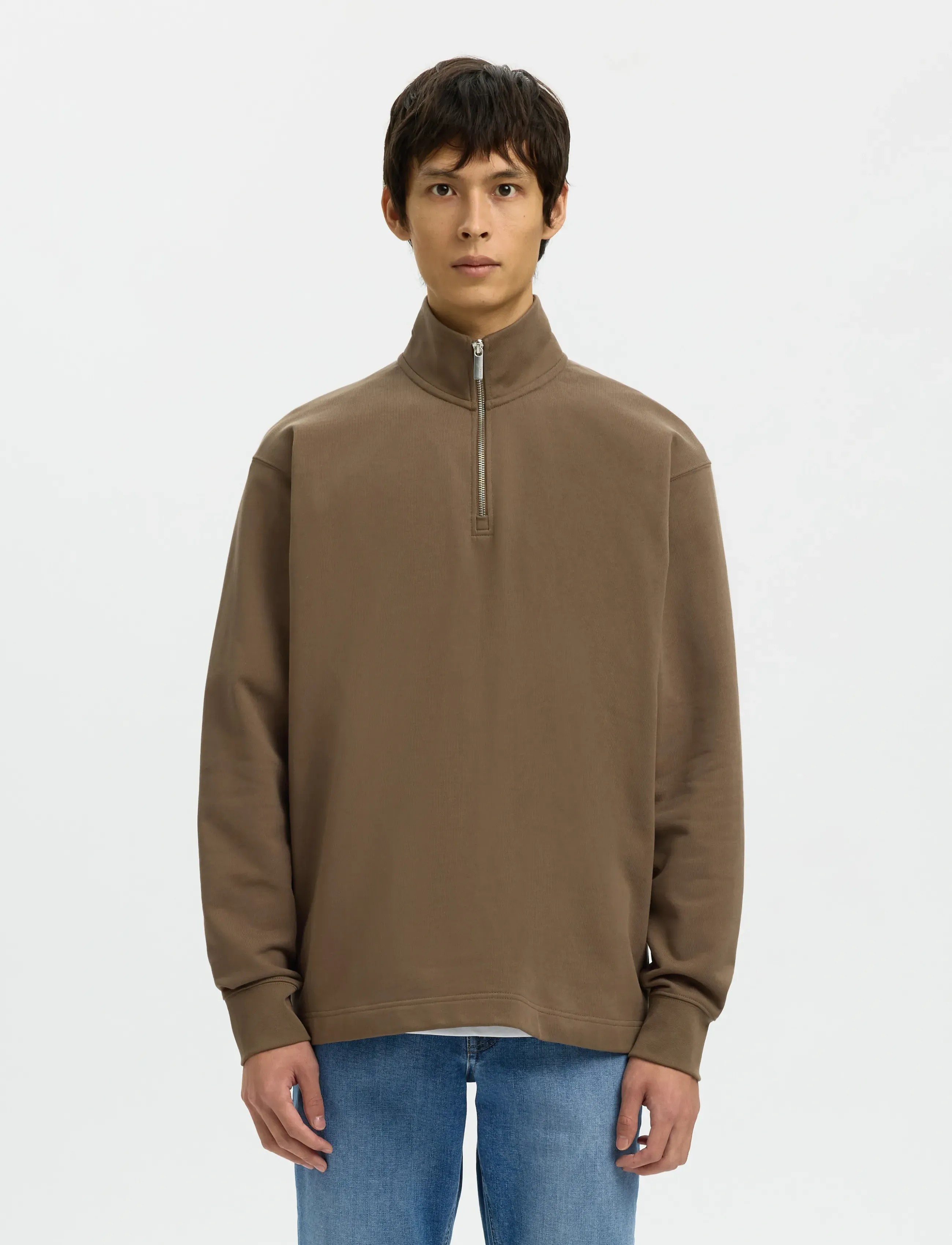 Selected Slhmarc Rib Ls Polo, Mænd, Langærmet Quarter Zip Polo, Brun, Str: M