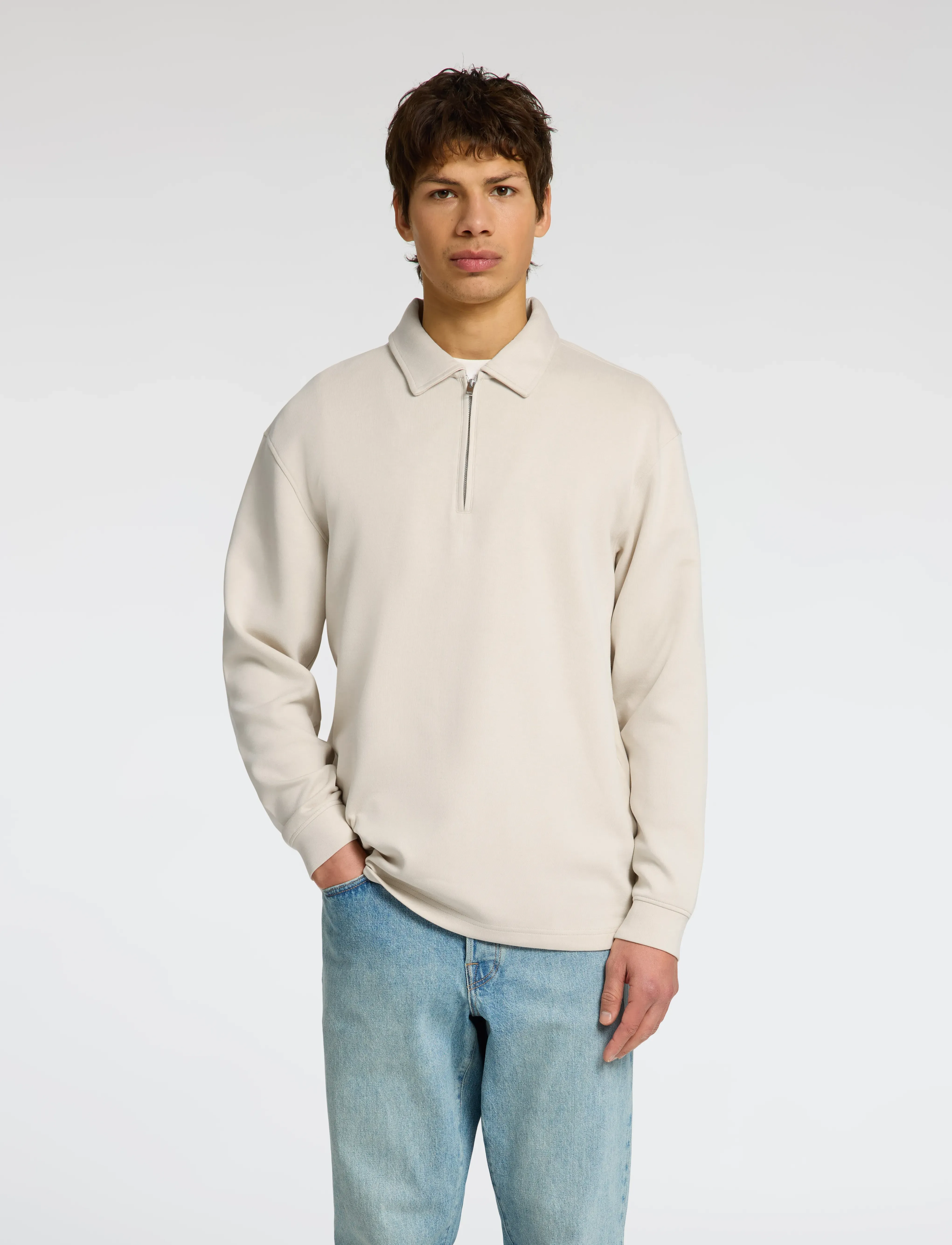 Selected Slhrelax-Emanuel Soft Polo Zip Sweat Ex, Mænd, Polo Sweatshirt Med Lynlås, Cream, Str: XL