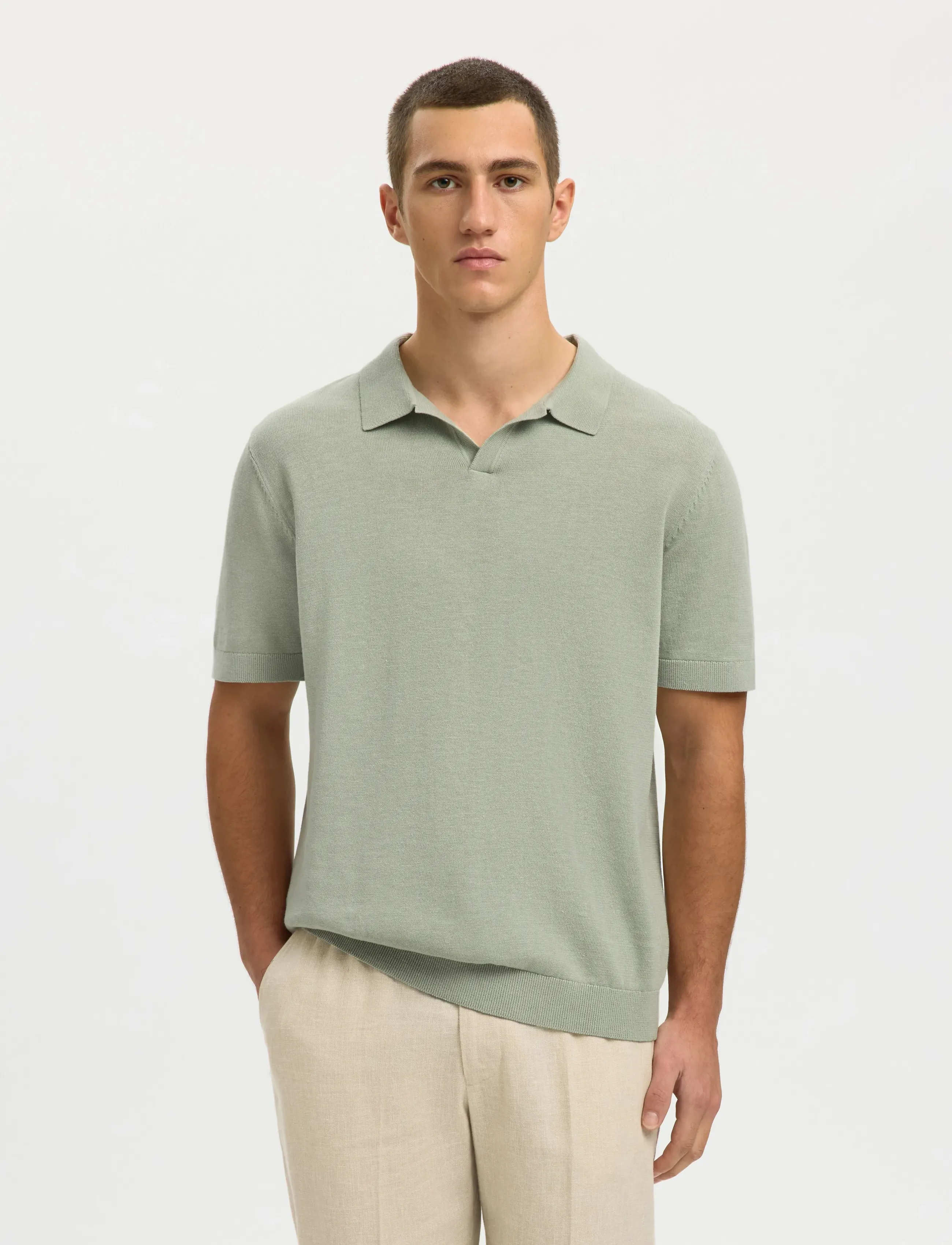 Selected Slhmattis Ss Linen Blend Open Polo Noos, XL, Green, Poloer > Kortærmede, Herre