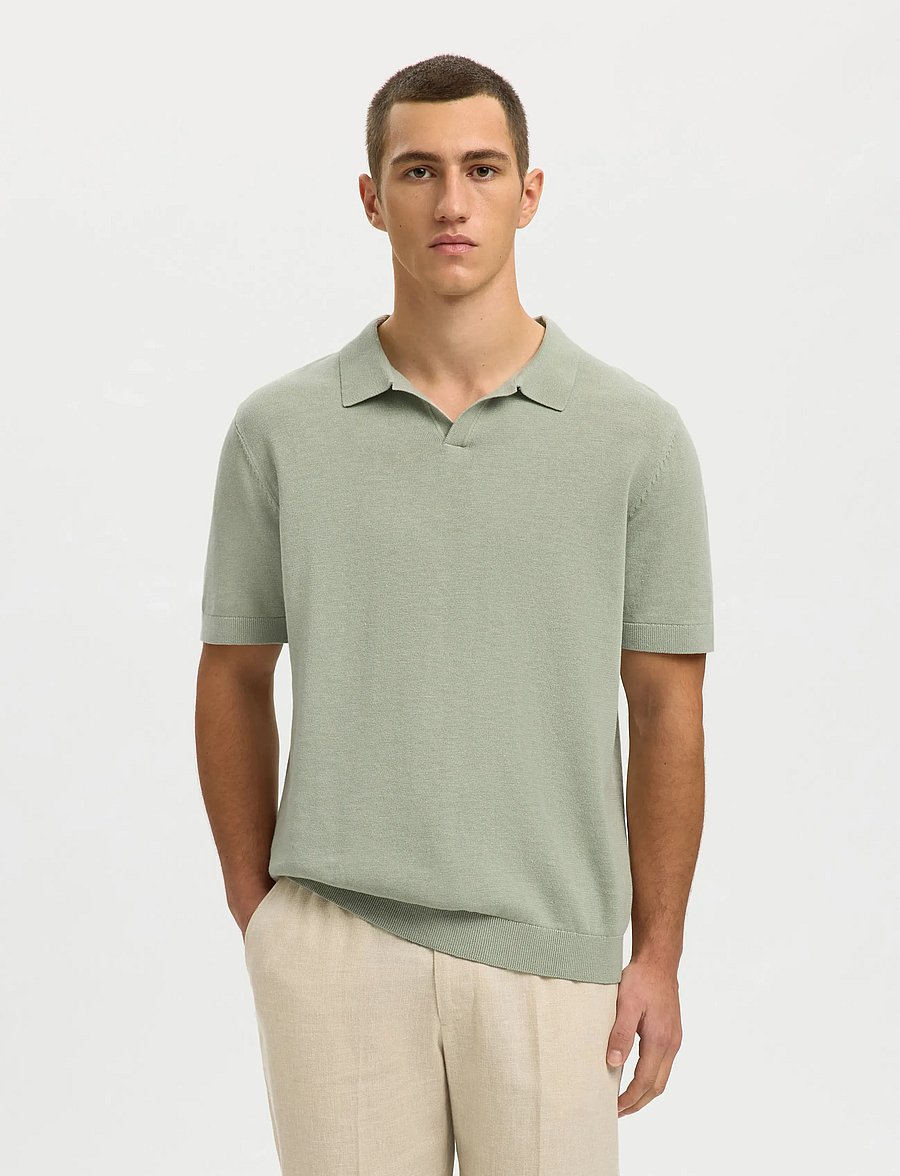 Selected - SLHMATTIS SS LINEN BLEND OPEN POLO NOOS - kortærmede poloer - aqua gray - 0
