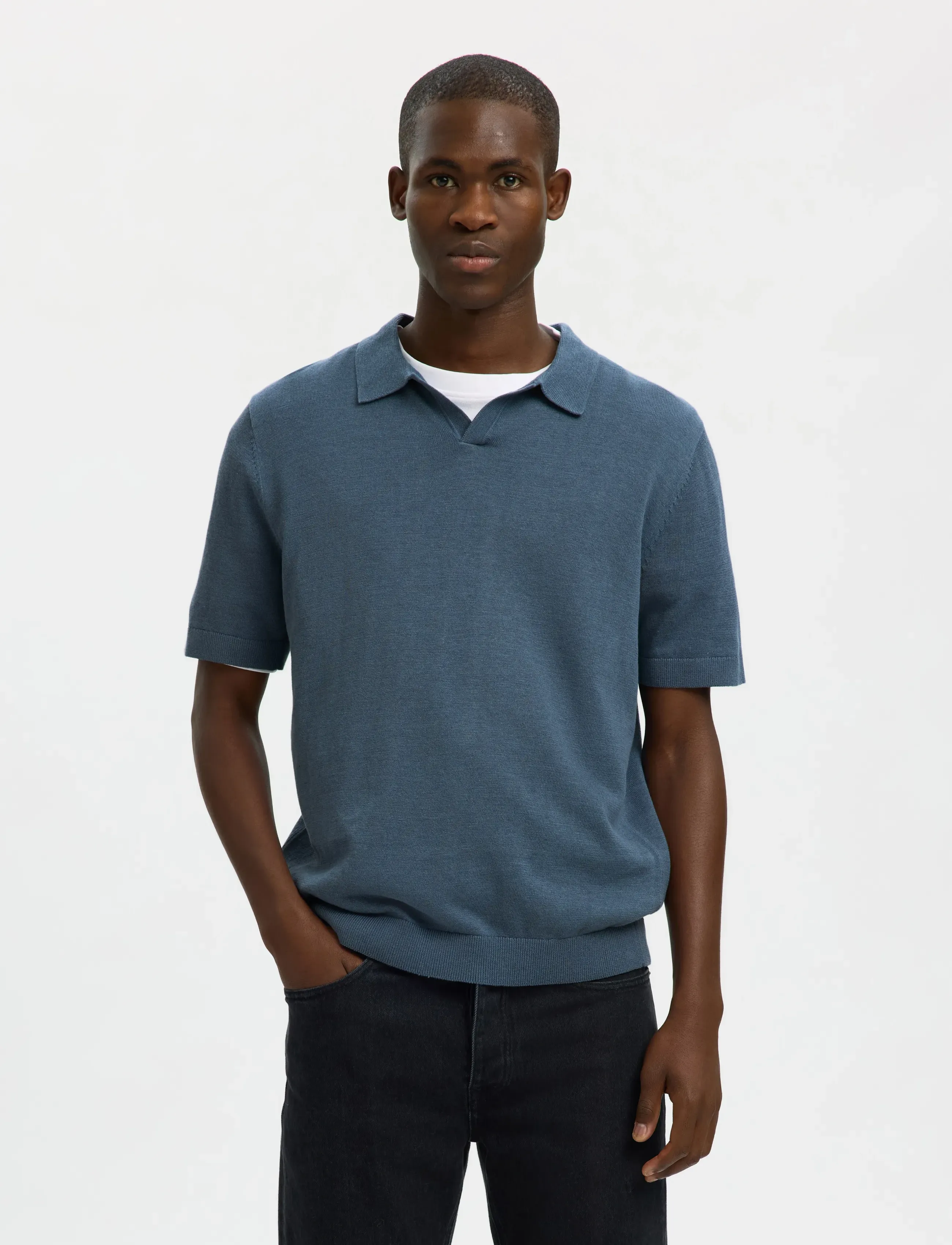 Selected Slhmattis Ss Linen Blend Open Polo Noos, M, Blue, Poloer > Kortærmede, Herre