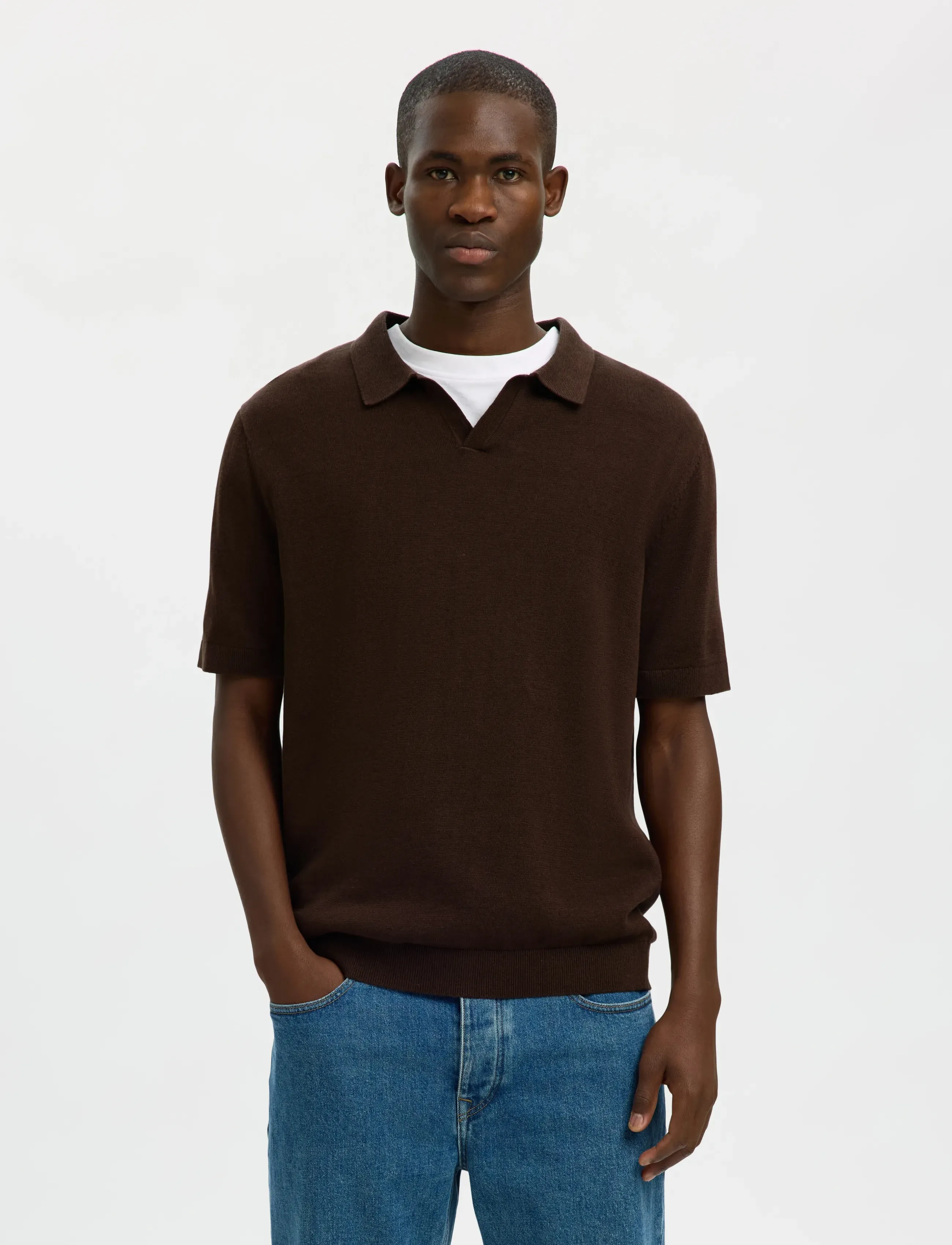 Selected Slhmattis Ss Linen Blend Open Polo Noos, M, Brown, Poloer > Kortærmede, Herre